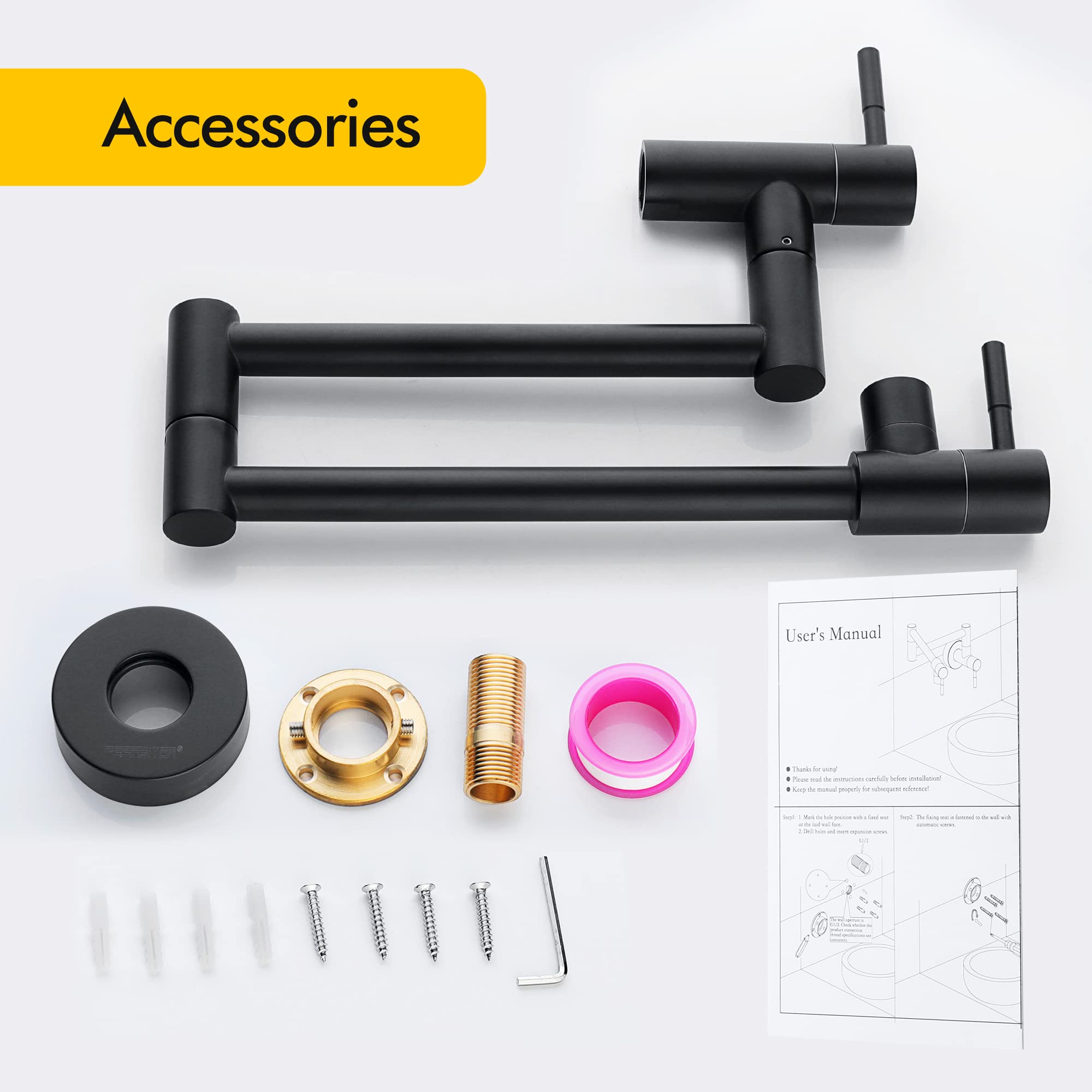 Fransiton Matte Black Pot Filler, Pot Filler Faucet Wall Mount, Brass Folding Stretchable With Double Joint Swing Arm Single Hol