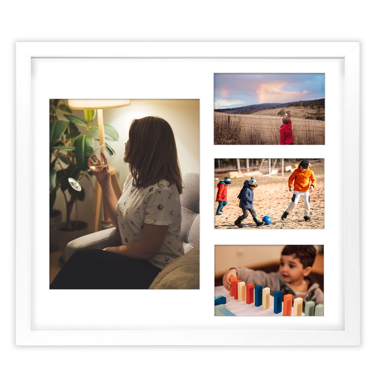 Golden State Art, 14x16 White Wood Picture Frame - White Mat for one 8x10 and Three 4x6 Photos - Tempered Glass, Sawtooth Hanger