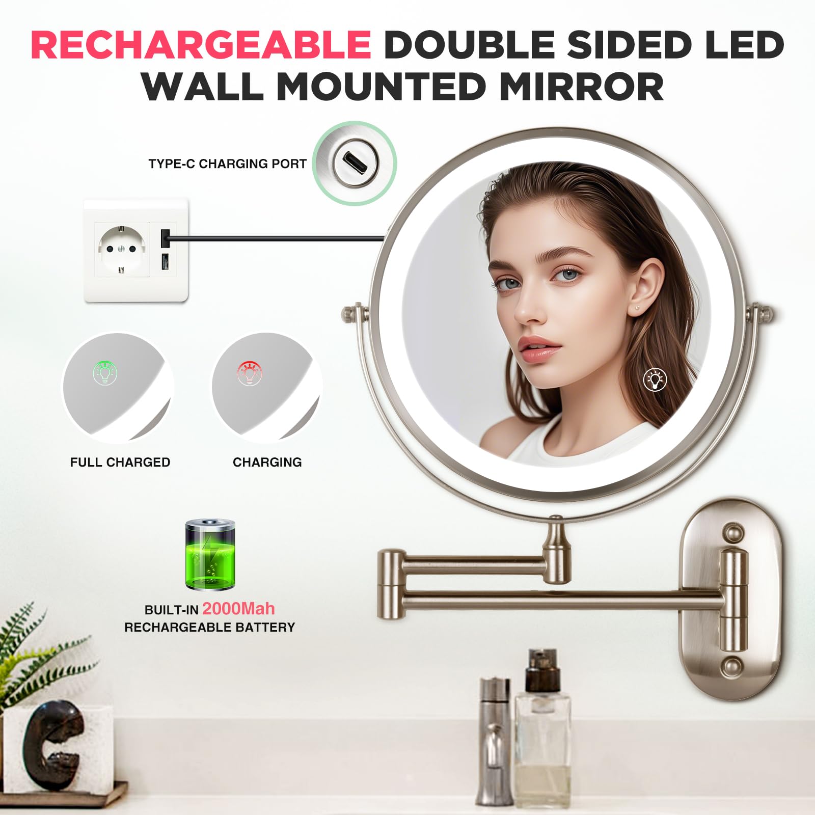 Vorremirr 20X Magnifying Mirror With Light: 8.5 Inch Lighted Makeup Mirror With 3 Colors, 360 Rotation Touch Screen Rechargeable