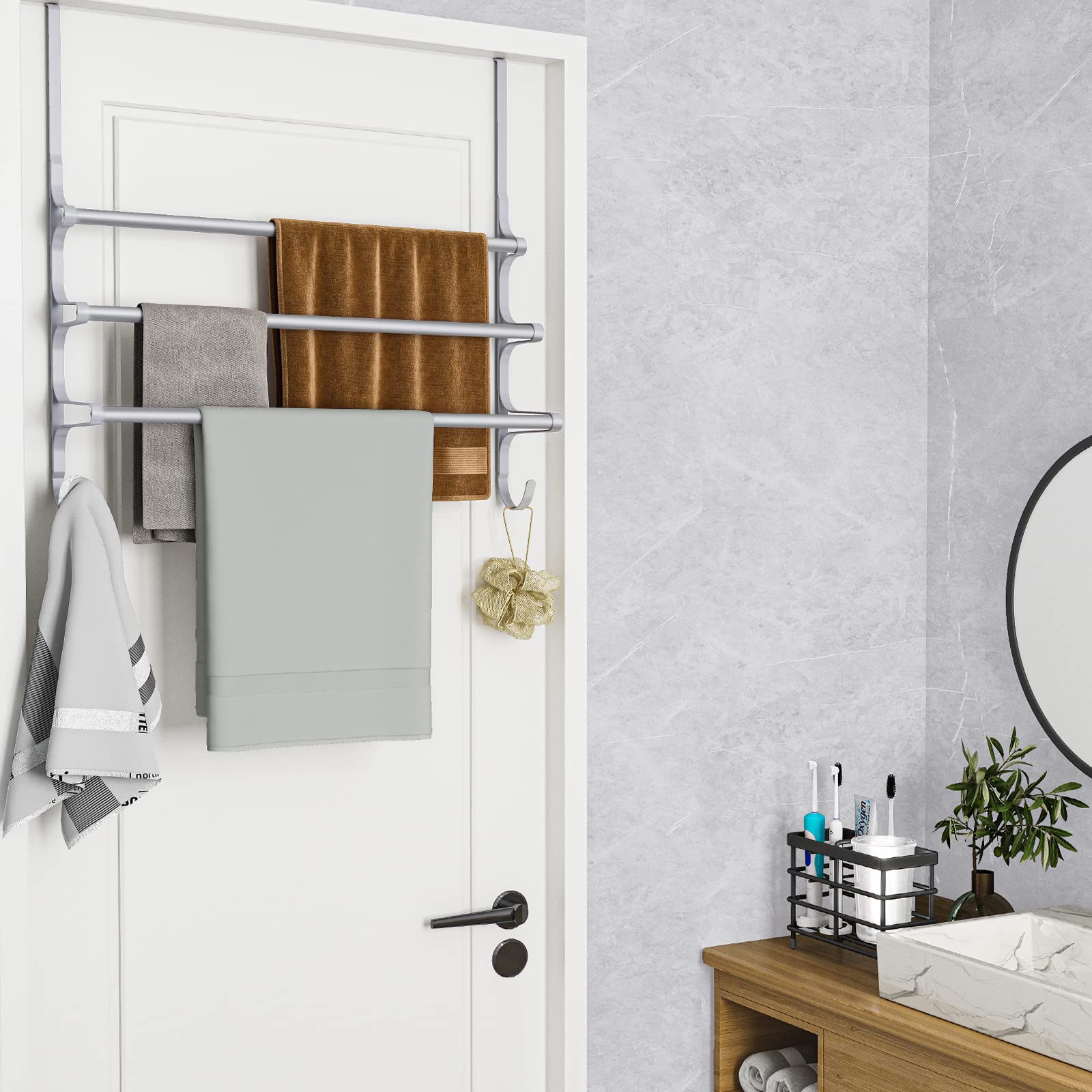Canyave Over The Door Towel Rack, Triple Towel Storage Holder With Hooks, 23.62 Inches Towel Bar Hanger Towel Racks For Bathroom