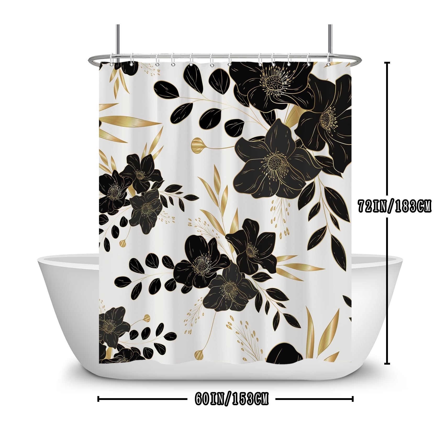 Yanutan Black Flower Shower Curtain, Black Dark Floral Gold Leaves Shower Curtain Set For Bathroom, Natural Plants Fabric Bath C