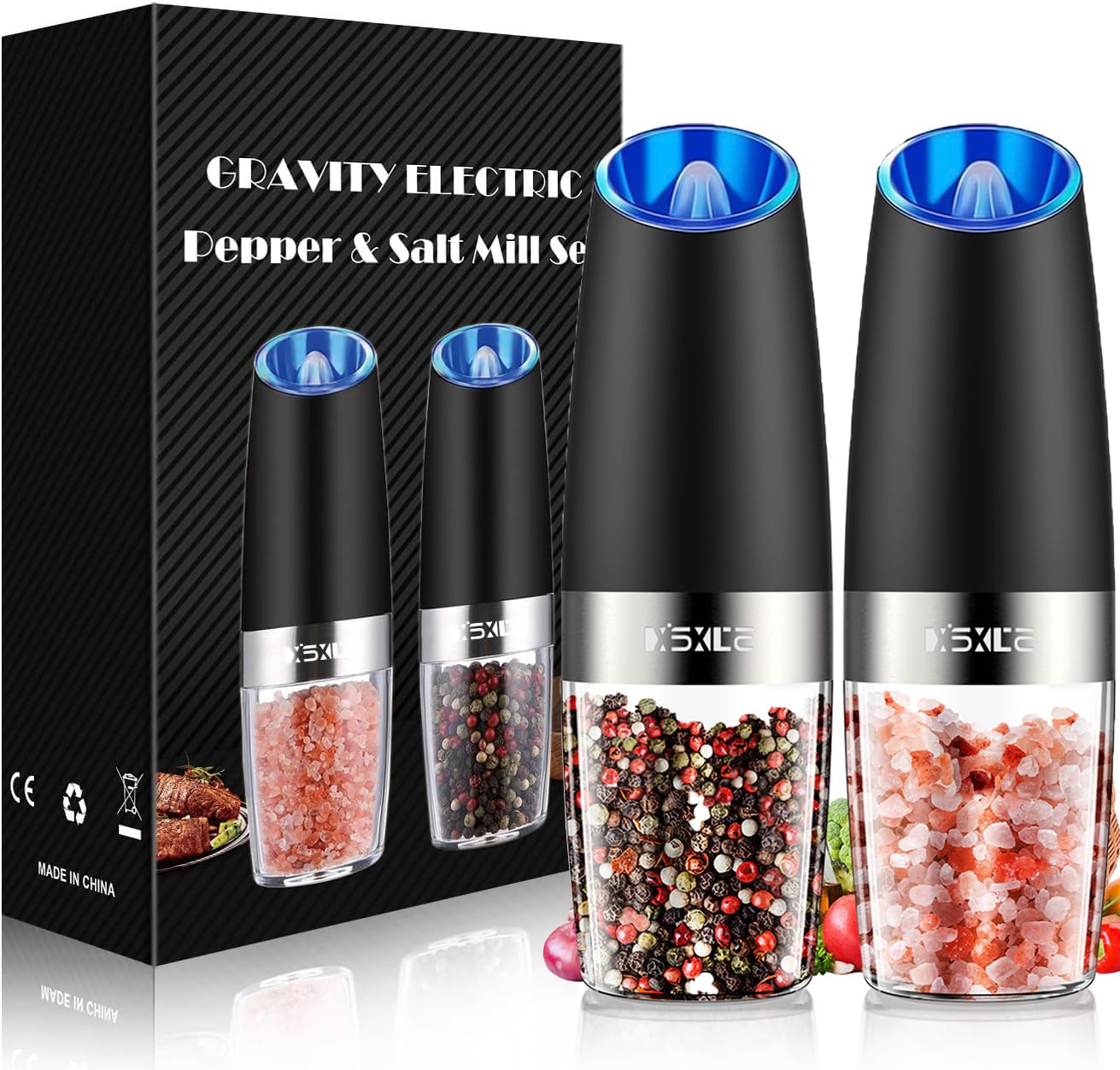 XinXu Gravity Electric Pepper and Salt Grinder Set, Adjustable Coarseness, with LED Light, One Hand Automatic Operation (Set/Cor