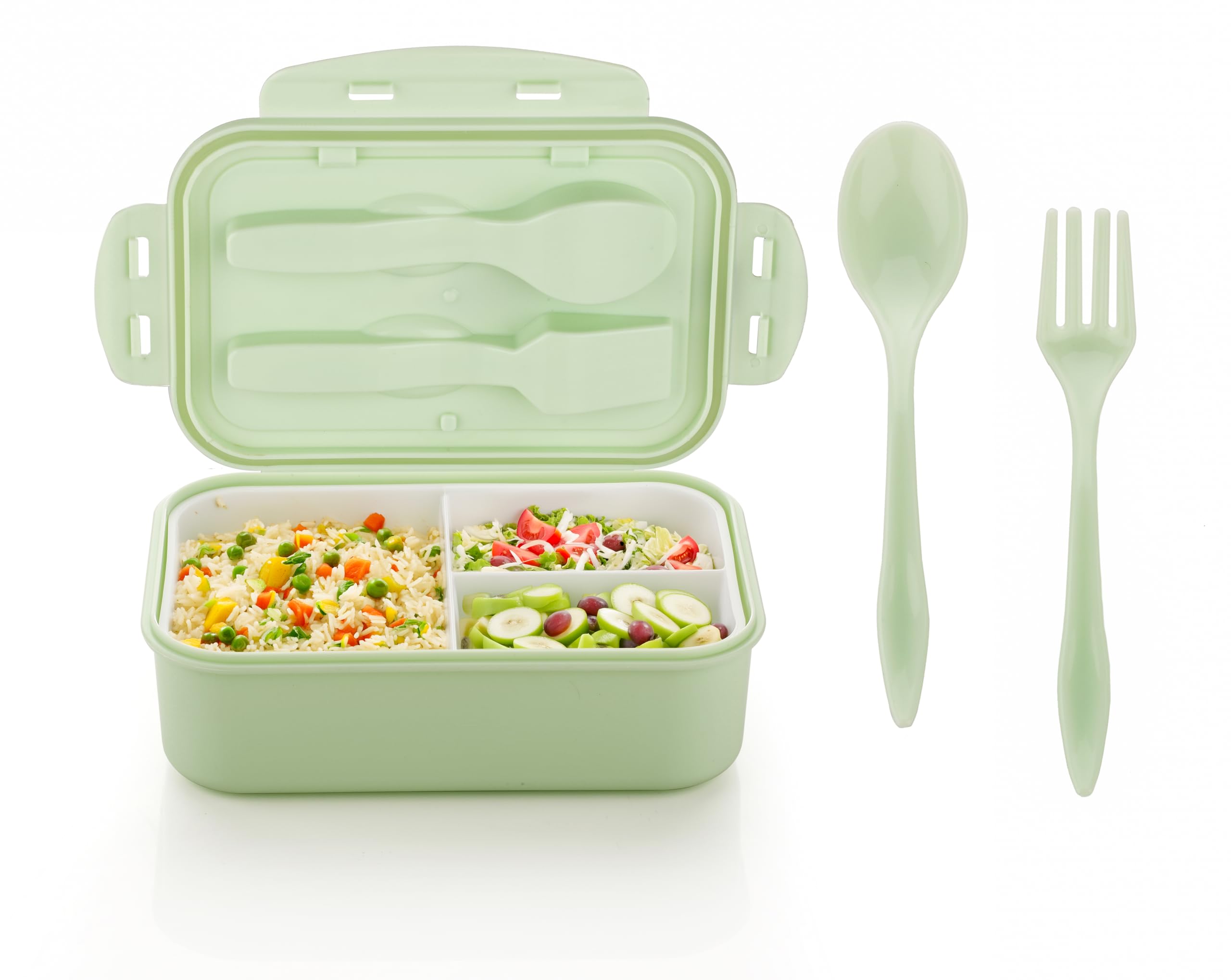 Attro Carbon Lunch Box With 3 Compartment, Stylish Lid & 2 Spoons Made With Heavy Plastic Bpa Free Food Grade Perfect For School