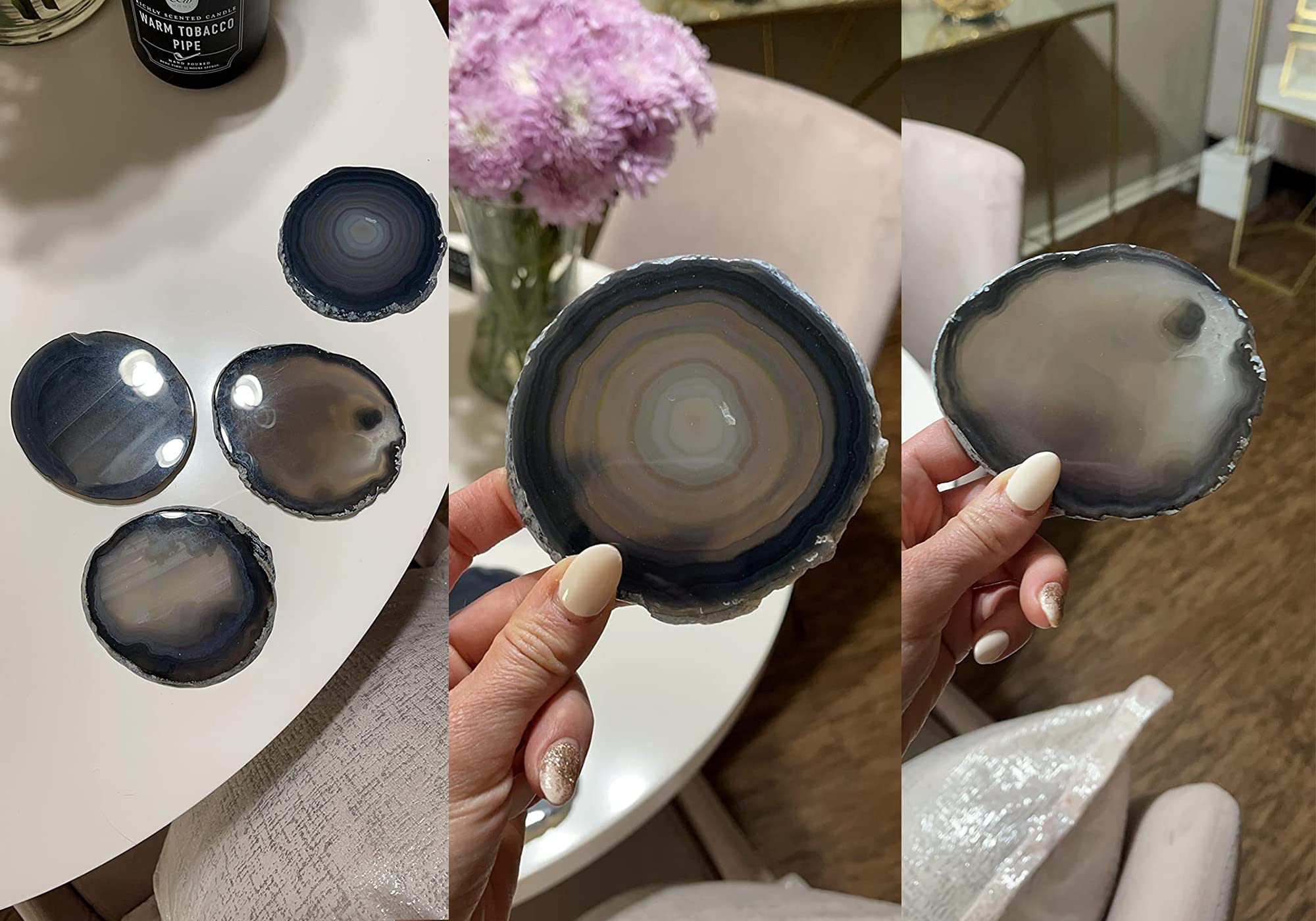 Amoystone Agate Coaster Geode Natural Black Stone Coaster Rock Beverage Cup Mat Set Of 4, Large 4-4.5''