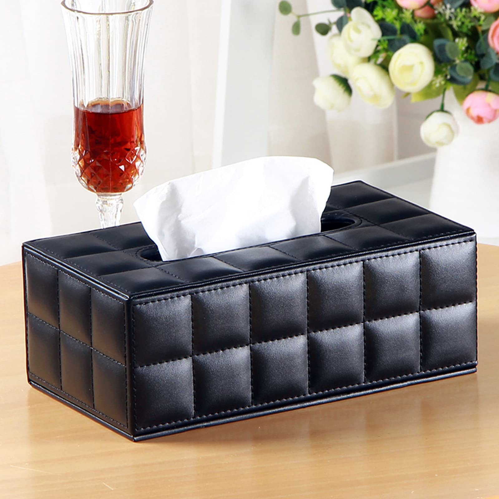 High-End Fashion Pu Leather Tissue Box Holder Business Black, Rectangular Napkin Holder Drawer Paper Dispenser, Home Office Car