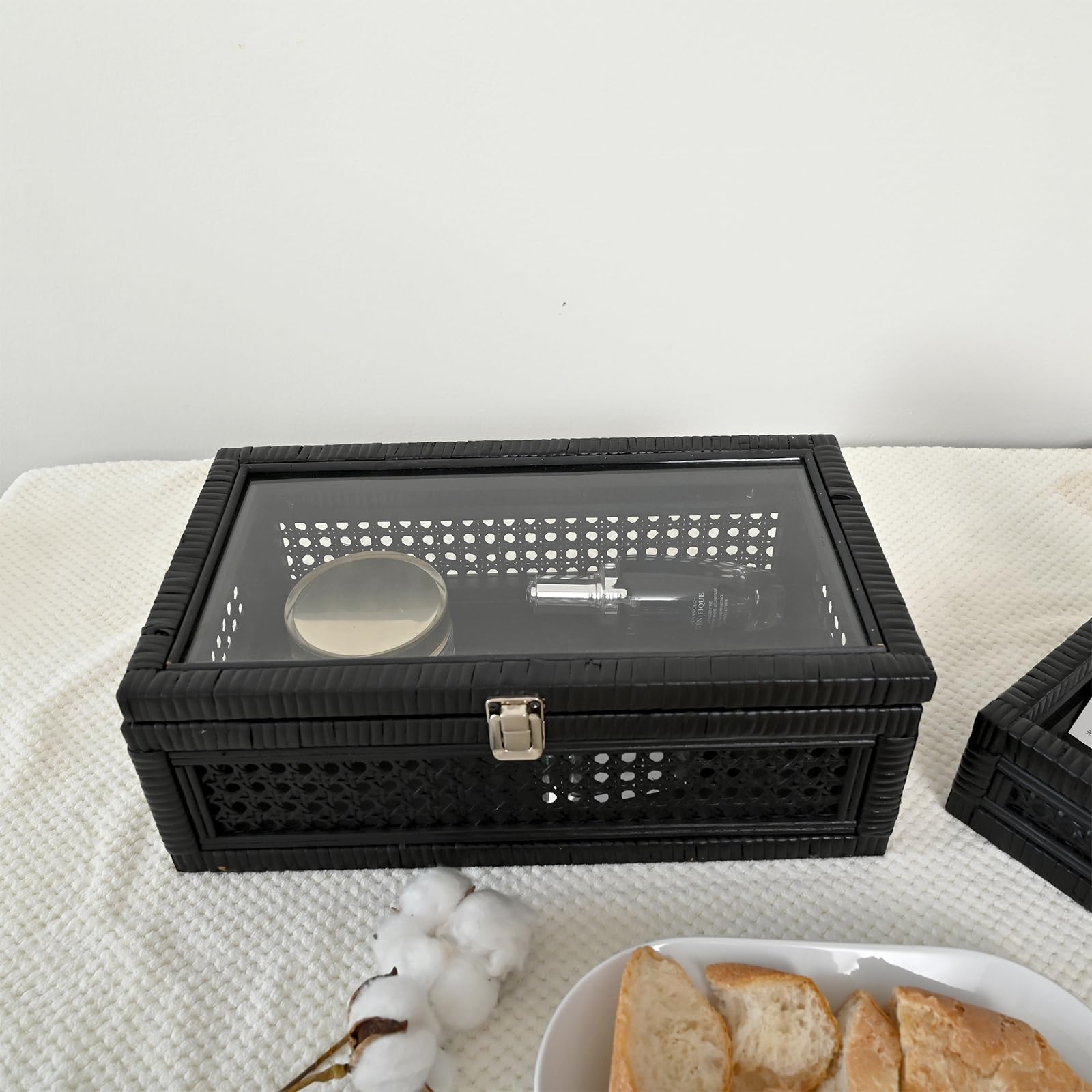 DECOR4SEASON Cane and Rattan Decorative Storage Boxes with Lids - Elegant Set of 2, Stacking Boxes with Glass Top, Handcrafted R