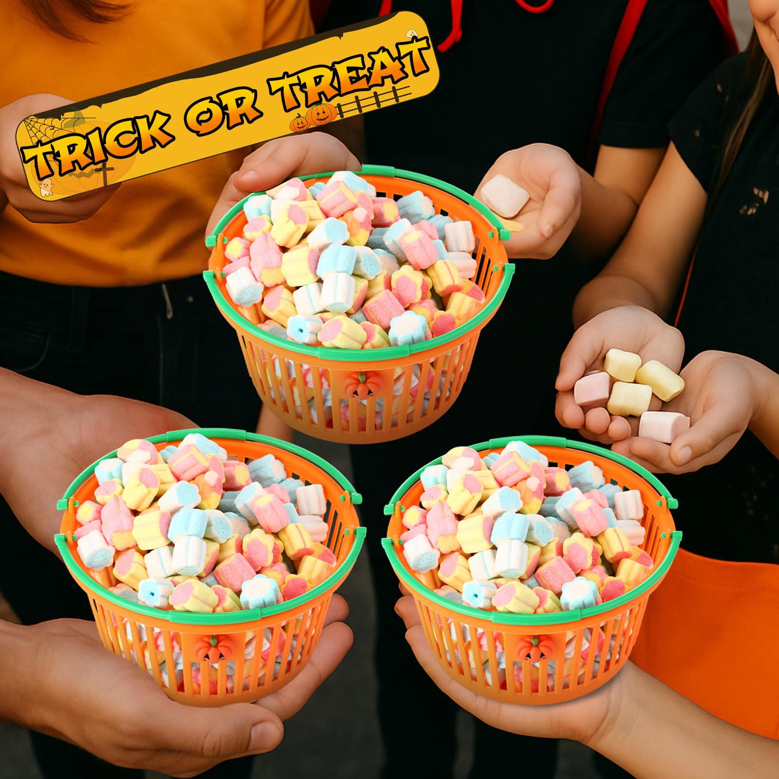 Potchen 24 Pcs Halloween Pumpkin Baskets Bulk Trick or Treat Candy Buckets Plastic Devil Smile Candy Basket with Handle Pumpkin