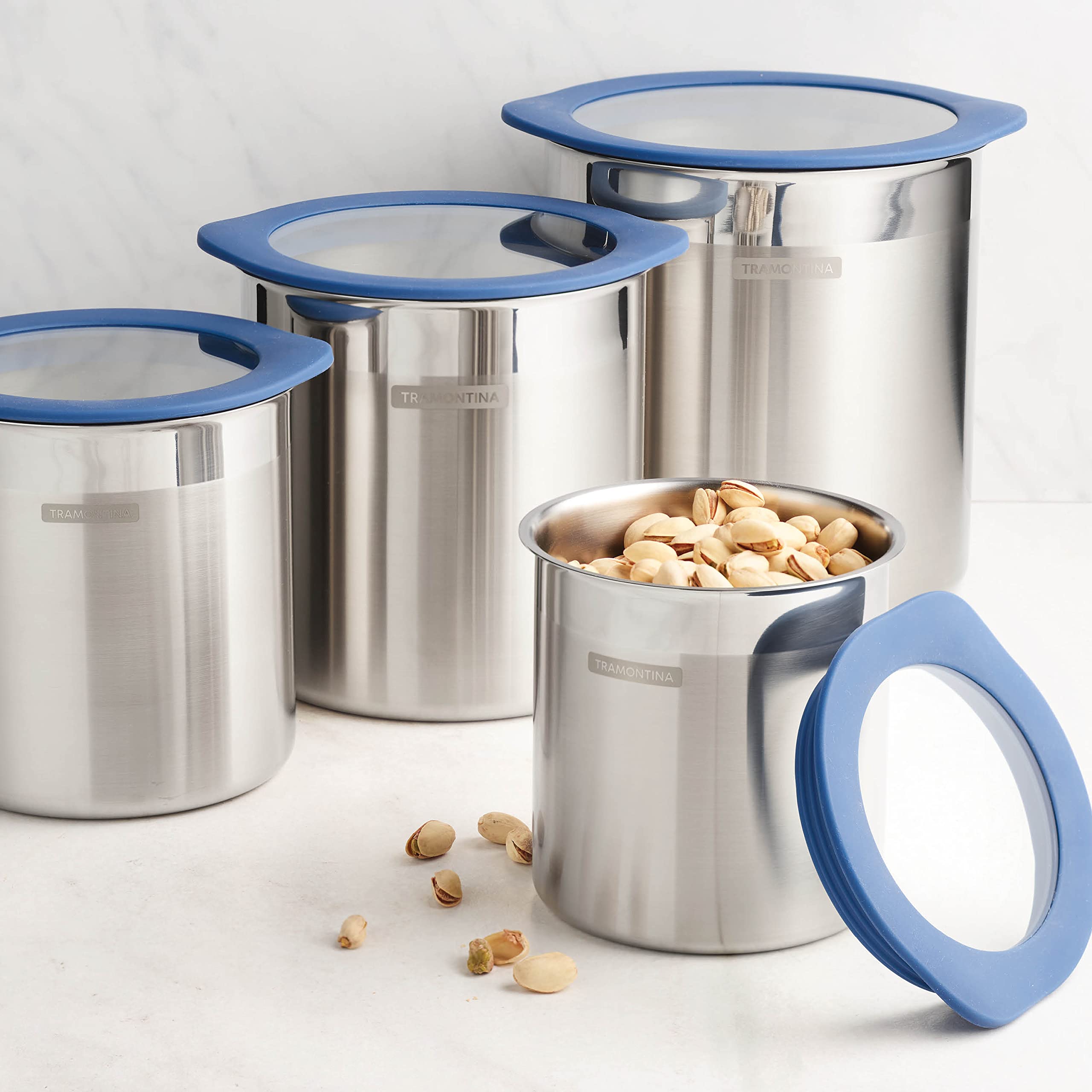 Tramontina 4 Pc Stainless Steel Canister Set, Blue - Model 80204/026DS, Durable Kitchen Storage Solution