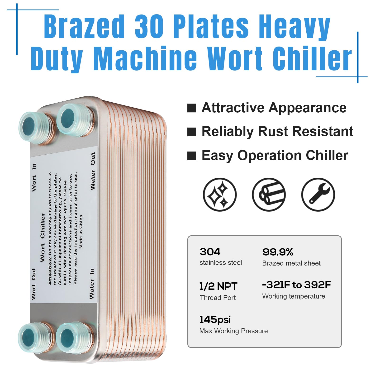 FERRODAY Wort Chiller 30 Plate 1/2 NPT Plate Chiller Stainless Steel Brazed Plate Heat Exchanger 1/2 Thread Plate Chiller - 7.3'' x 2.8''
