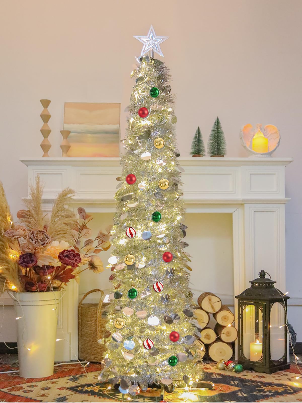 SINTENILL 5 FT Pop Up Christmas Tree with Timer Lights and Decorations, Silver Artificial Tinsel Christmas Tree with 24 Ball Orn