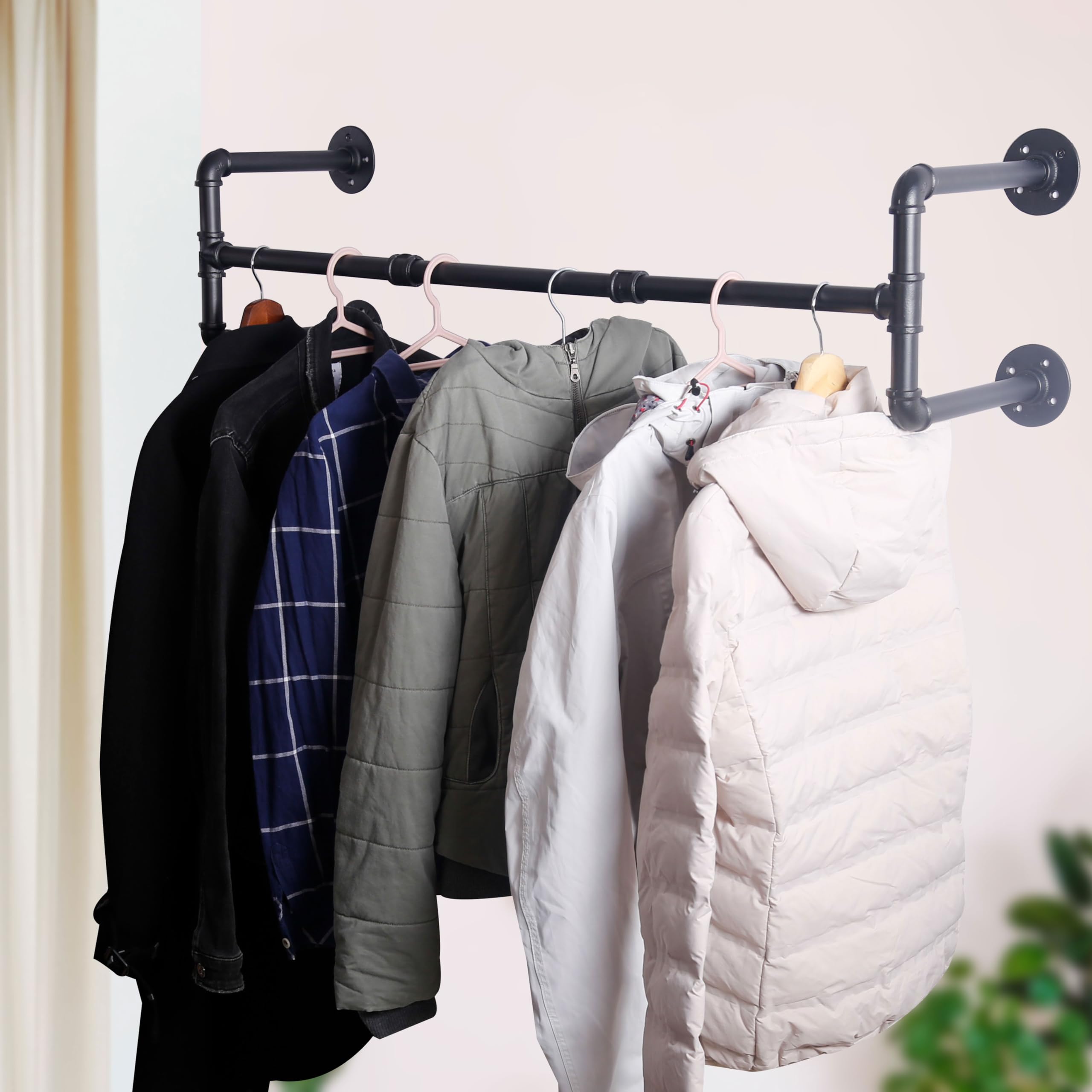 WEBI Clothing Rack Wall Mount 42'' Industrial Pipe Clothes Rack for Hanging Clothes Heavy Duty Iron Garment Rack Bar Retail Display Clothes Rod for Closet Laundry Room 4 Base Black