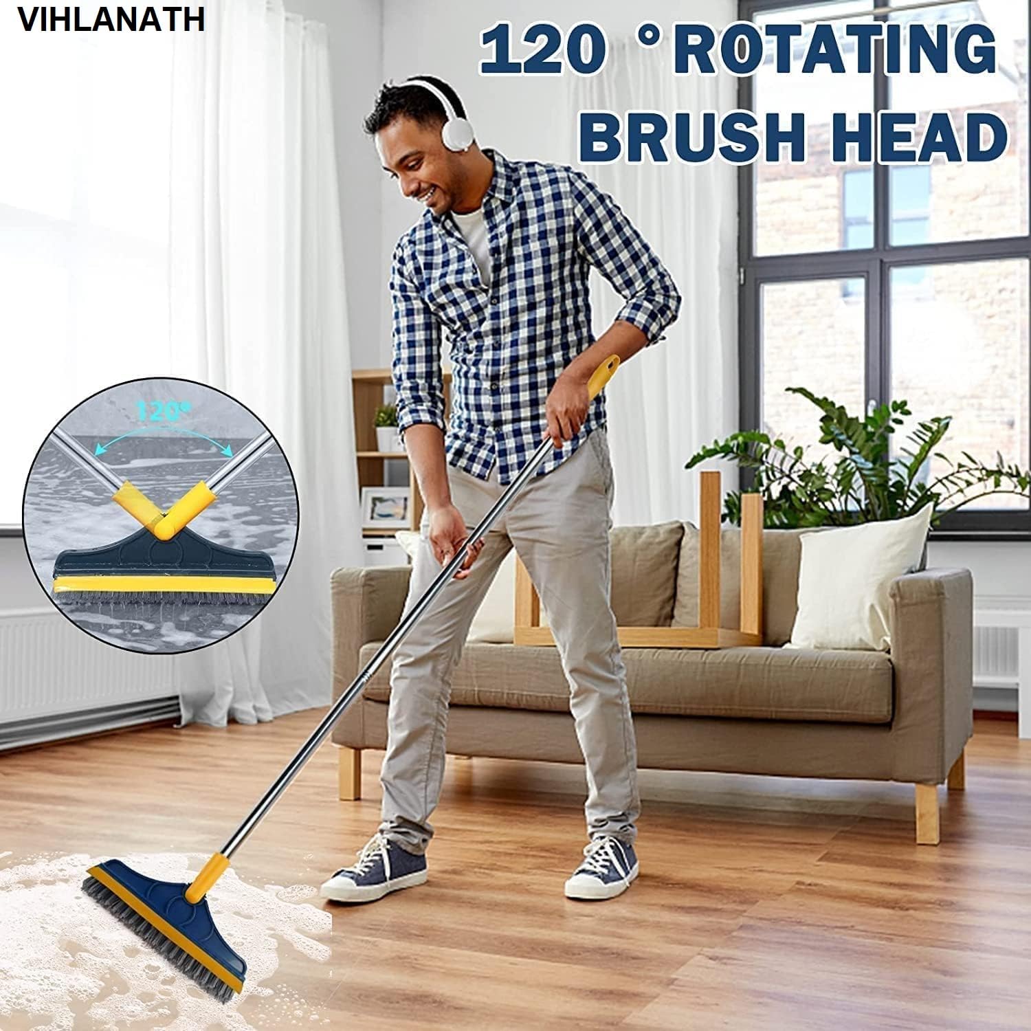 Vihlanath Bathroom Cleaning Brush With Wiper - Bathroom Cleaning Brush Long Handle 180 Rotate Toilet Brush Bathroom Tiles Cleani