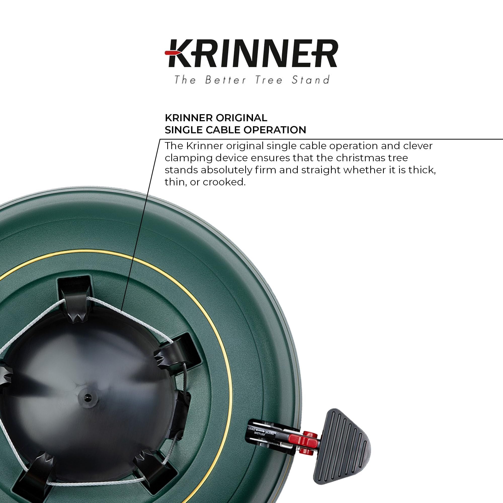 Krinner Christmas Tree Genie XL - Green Tree Stand - Original Single Cable Operation, Holds up to 10 ft Live Trees - Foot Pedal