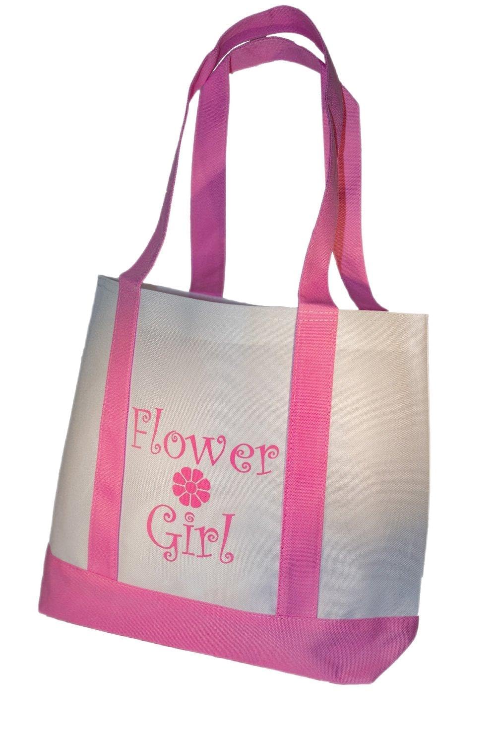 Yacanna Flower Girl Tote Bag White With Pink Straps, Large 14-Inch By 11-Inch