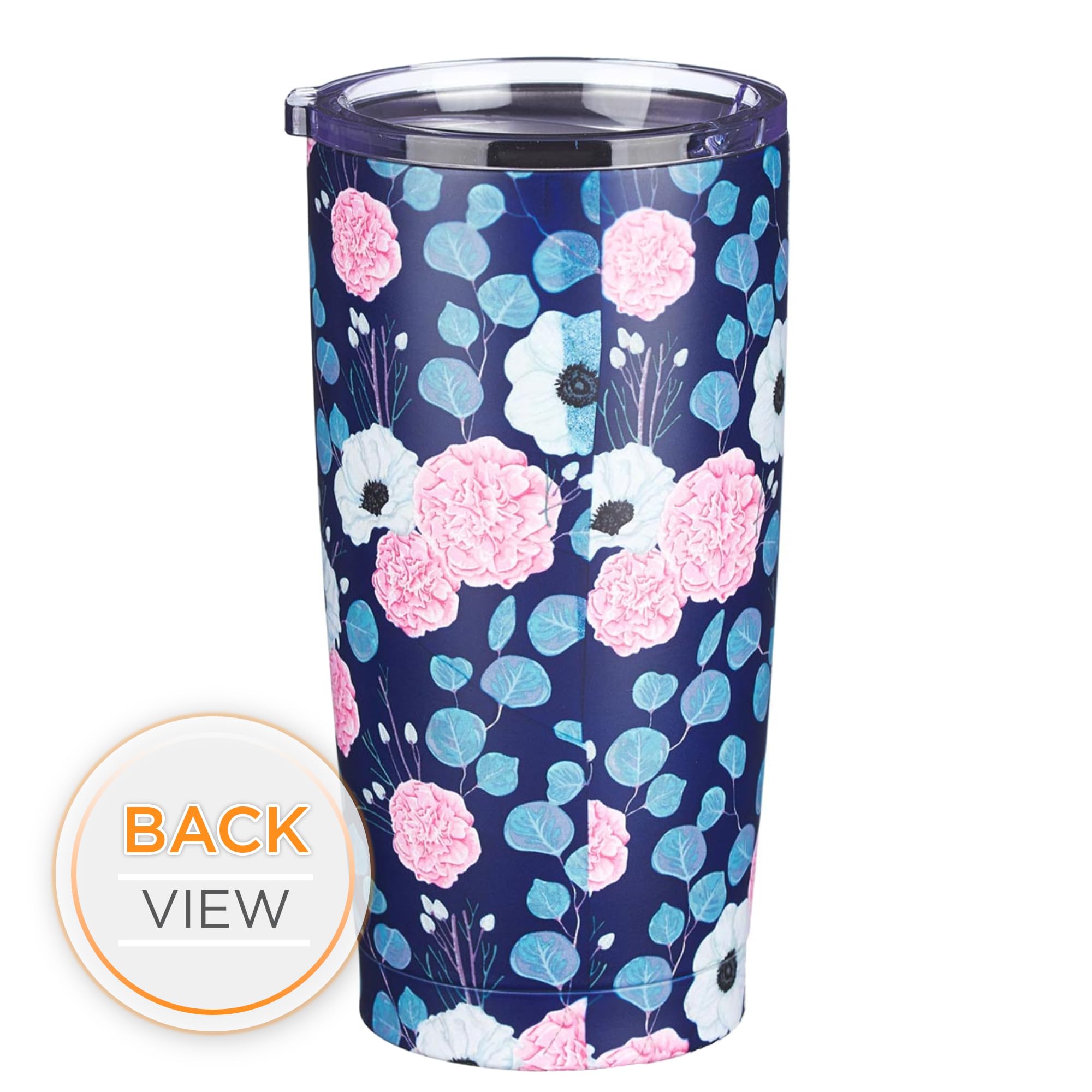 Christian Art Gifts Stainless Steel Double-Wall Vacuum Insulated Travel Mug 18 Oz Navy Blue With Pink Floral Tumbler With Lid Fo