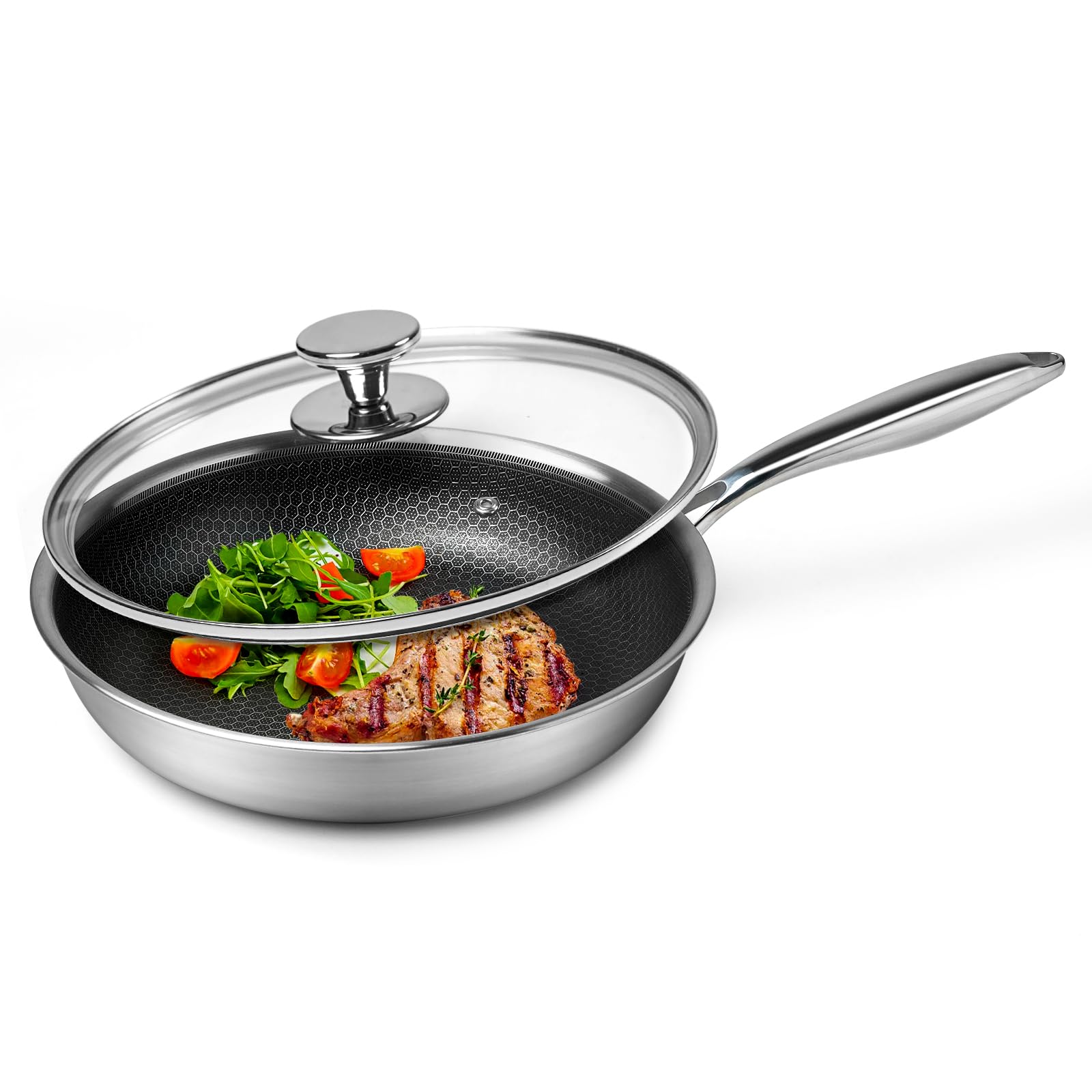 Stainless Steel Frying Pan Nonstick Pan W/Lid&Cooling Handle 10 Inch Honeycomb Stainless Steel Skillet For Gas Electric Inductio