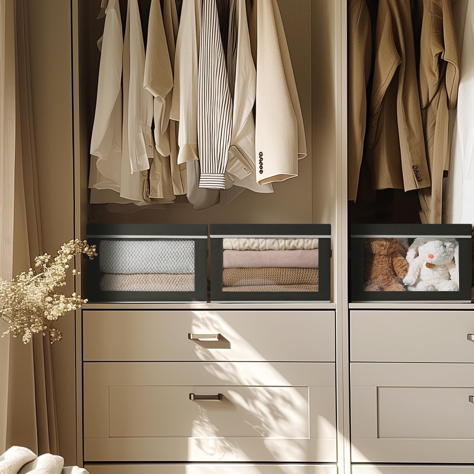 Homsorout Foldable Storage Box With Lid - Closet Storage Organizer With Window, Storage Bins With Lids For Clothes, Fabric Stora