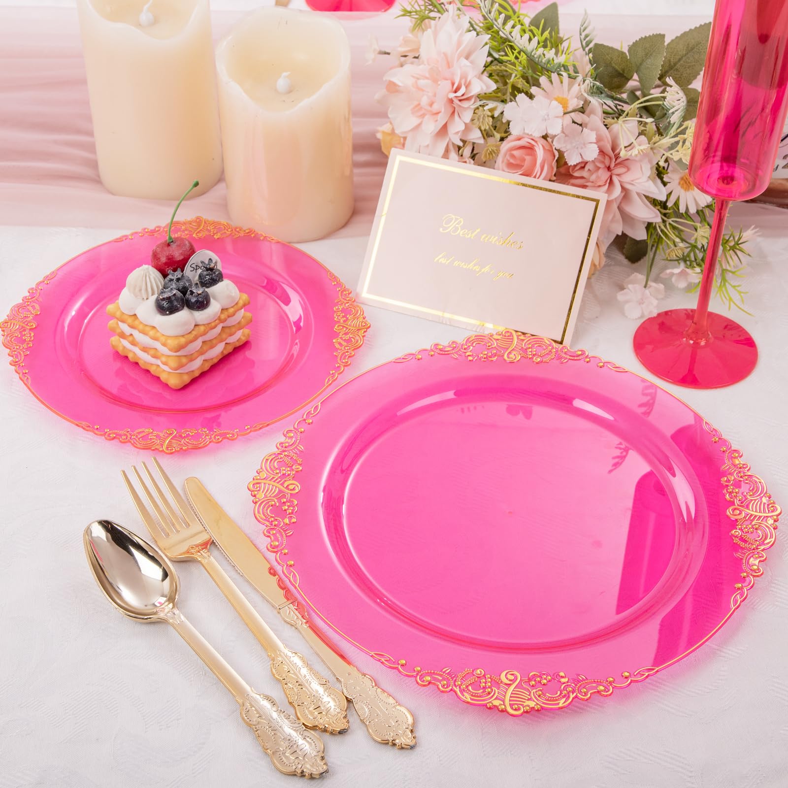 Joyido 102Pcs Hot Pink Plastic Plates - Pink Disposable Plates With Gold Rim - Hot Pink Party Plates Include 51Pcs 7.5Inch Desse