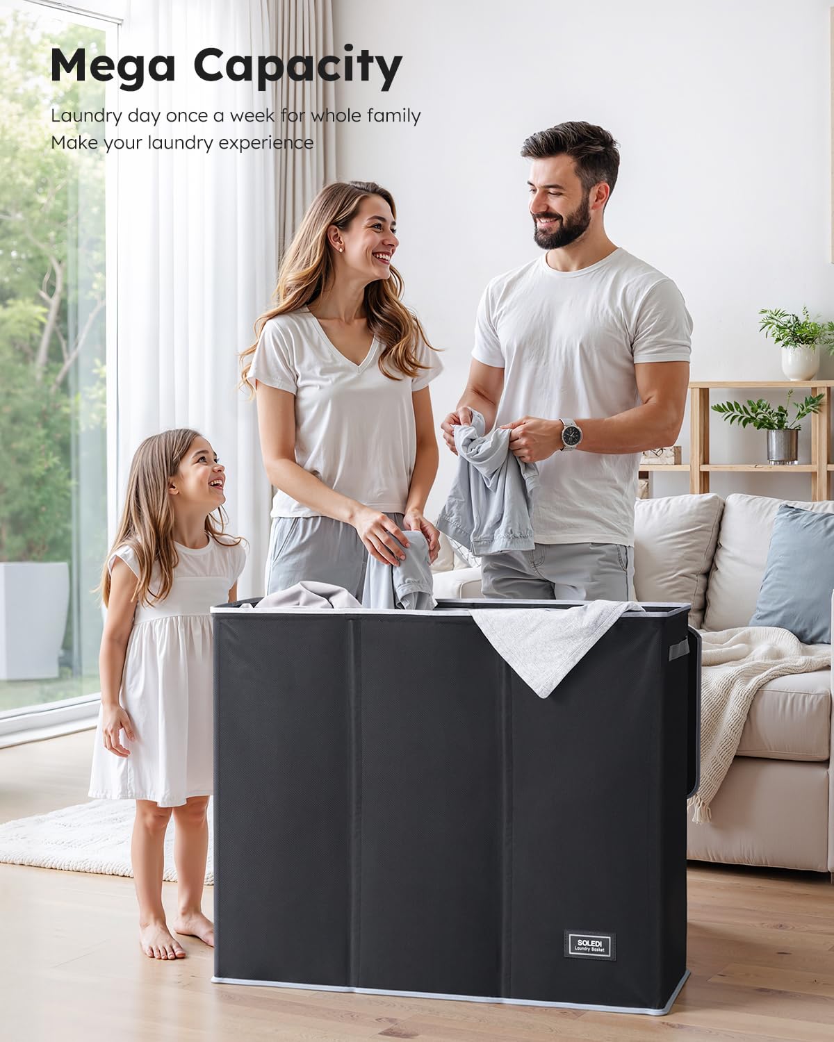 Soledi 180L Laundry Hamper 3 Section, Extra Large Laundry Hamper With Lid, Dirty Clothes Hamper With Sturdy Handle, Large Laundr
