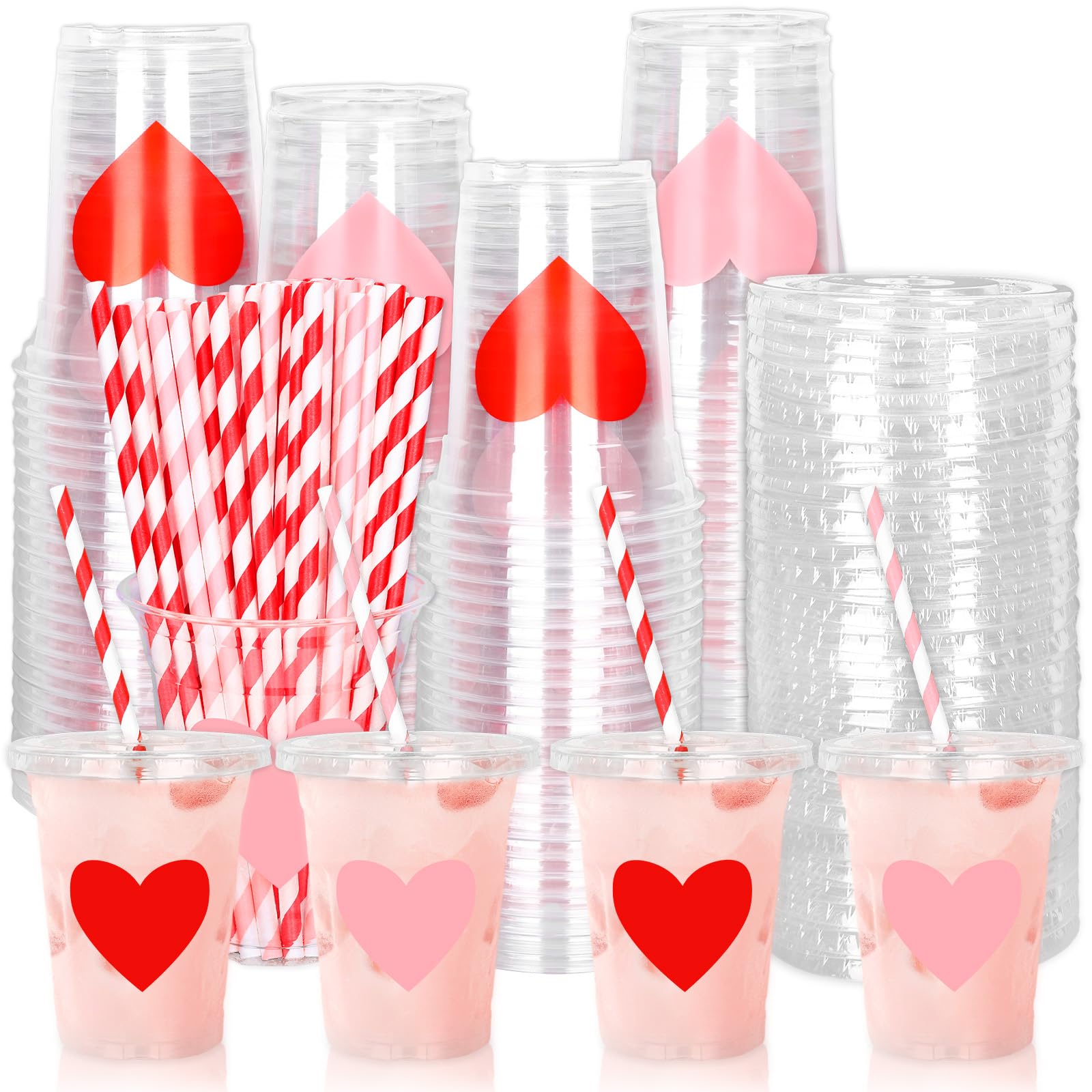 Whaline 50Pcs Valentine'S Day Disposable Plastic Cups With Lids And Straws 12Oz Party Cups Red Pink Cold Beverage Drinking Cups