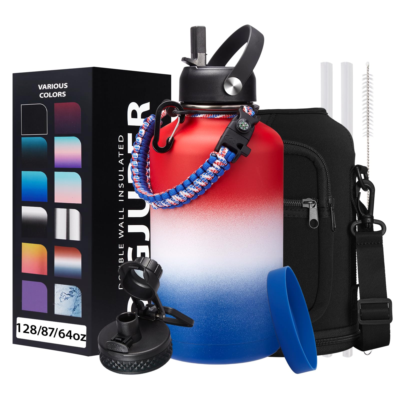 Half-Gallon Vacuum Water-Bottle With Sleeve, Paracord Handle, Straw & Spout Lid, 64Oz Stainless Steel Insulated Water Jug, Cold-