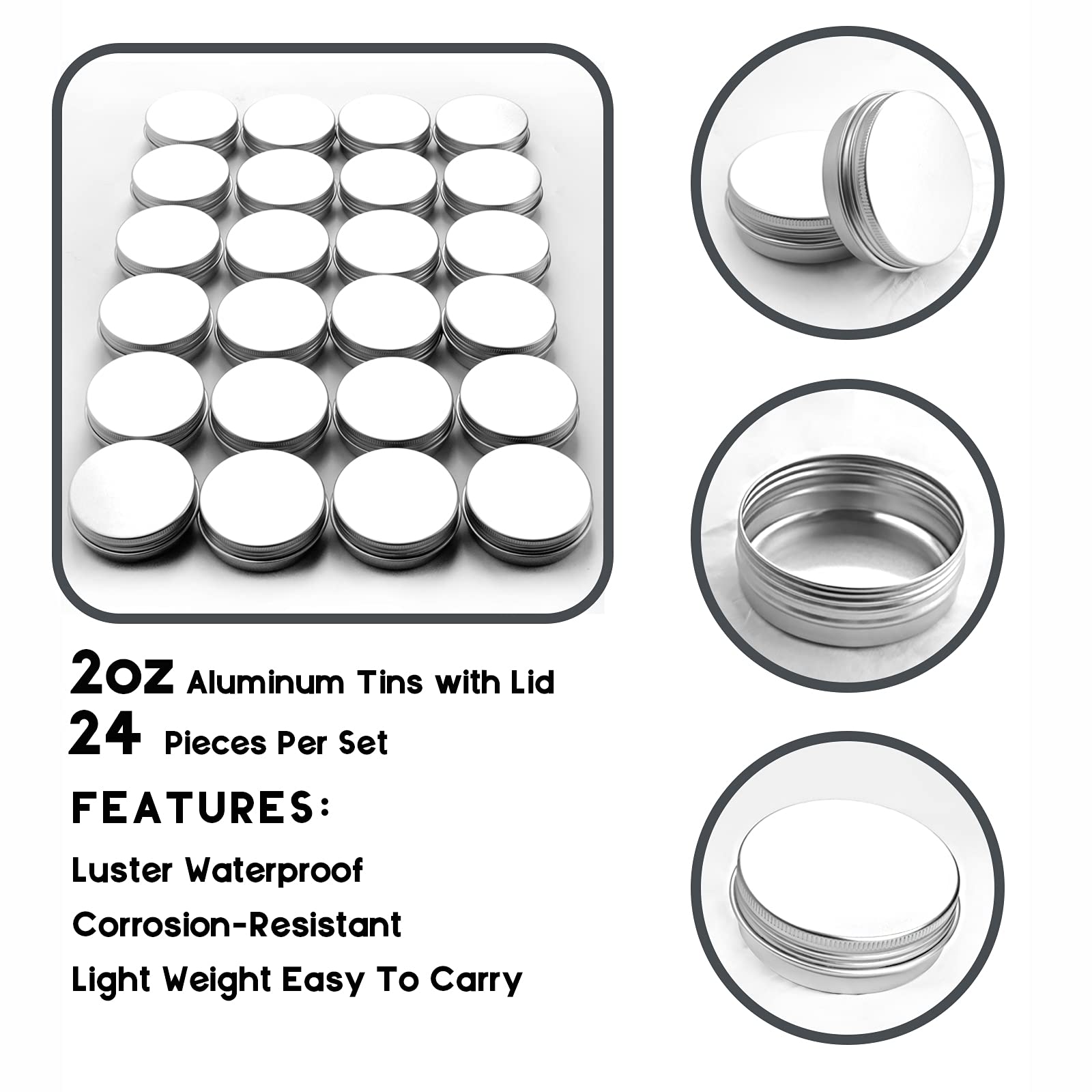 2 Oz/60Ml 24 Pack Aluminum Balm Tins For Pill Storage, Jar Containers With Screw Thread Lid For Lip Balm, Cosmetic, Candles, Alu