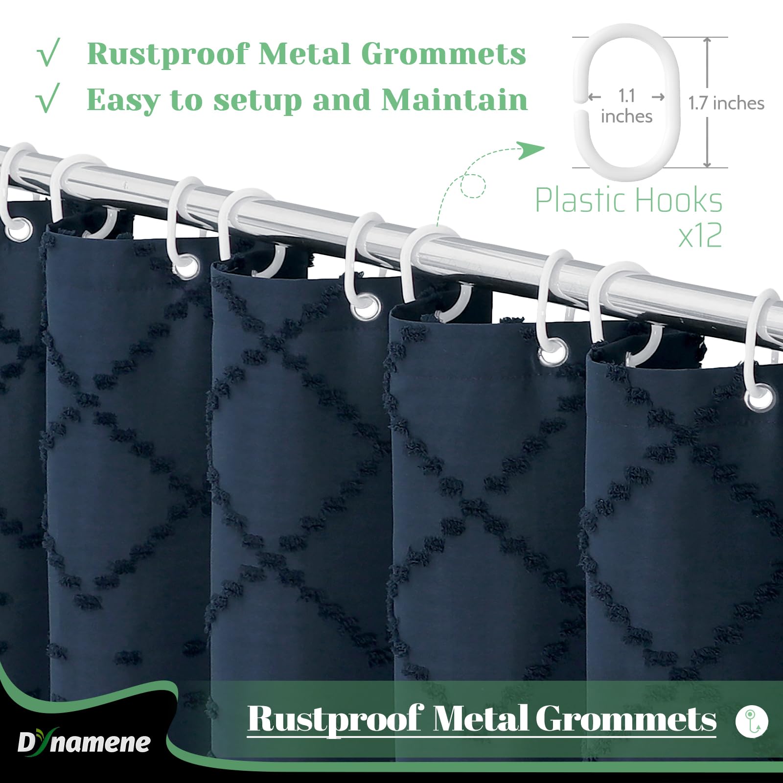 Dynamene Navy Blue Fabric Shower Curtain, Boho Tufted Geometric Striped Tassel Shower Curtain For Bathroom, Shabby Chic Modern F