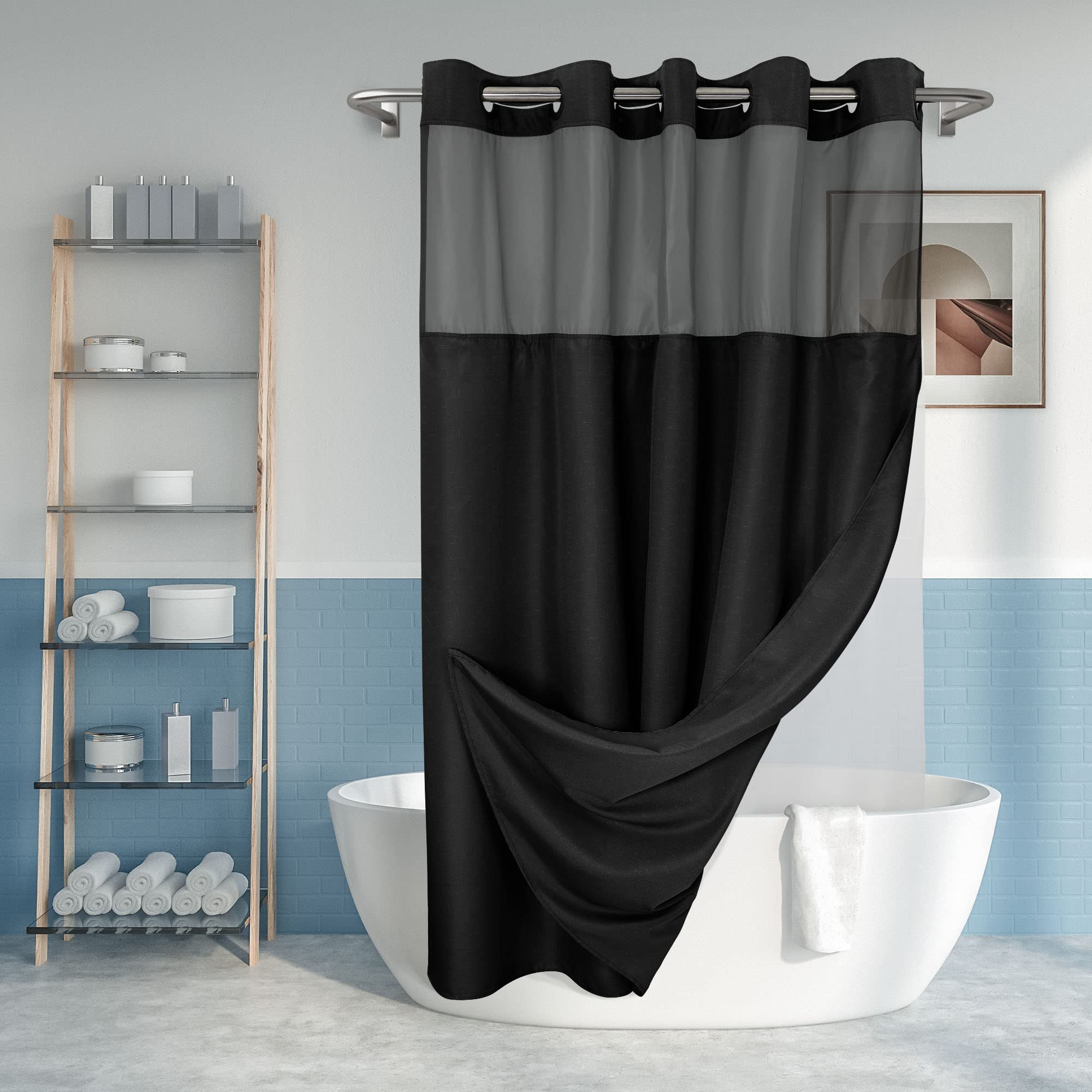 No Hook Slub Textured Shower Curtain with Snap-in PEVA Liner Set - 71 x 74(72), Hotel Style with See Through Top Window, Machine