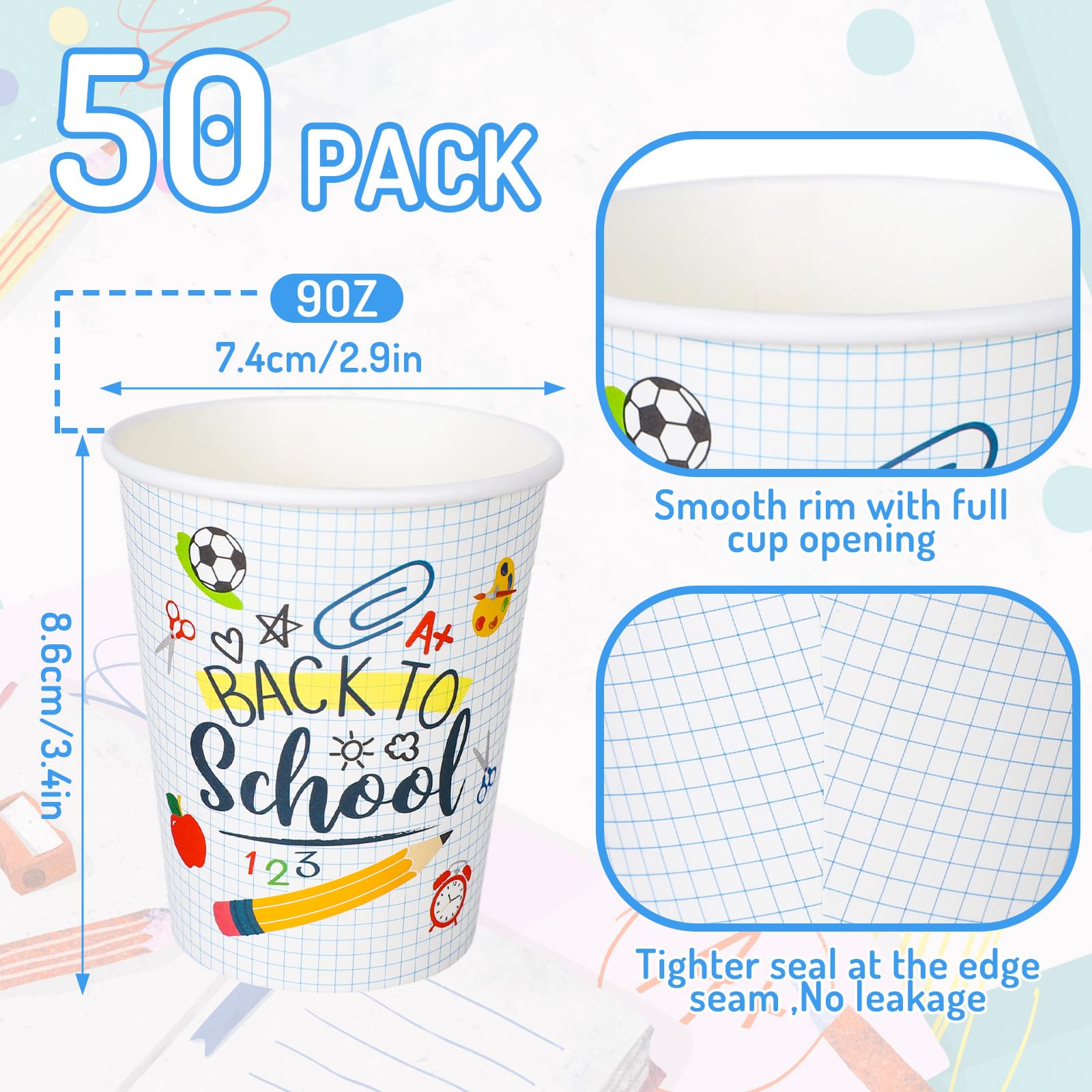 Whaline 50Pcs Back To School Party Paper Cups Funny Cartoon Disposable Cups Bulk First Day Of School Party Decorative Cups For C