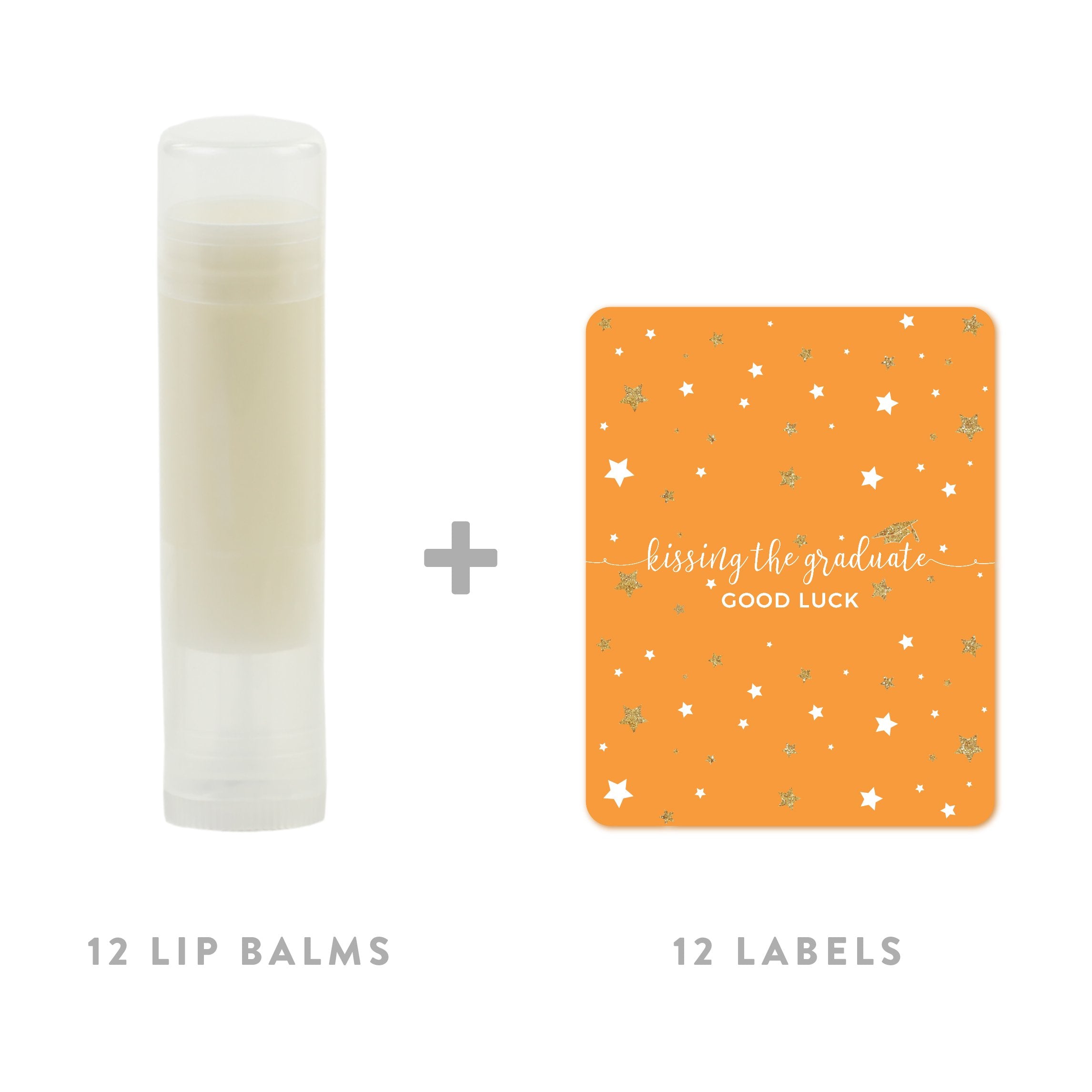 Andaz Press Orange And Gold Glittering Graduation Party Collection, Lip Balm Favors Kissing The Graduate Good Luck, 12-Pack