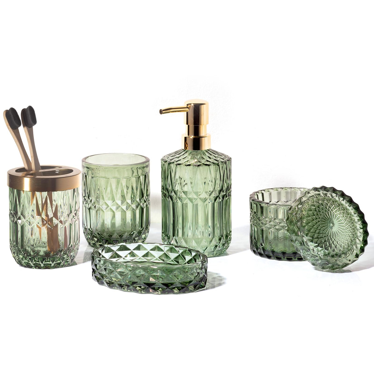 Empo 6Pcs Bathroom Clear Glass Accessories Set (Lotion Soap Dispenser, Soap Dish, Toothbrush Holder, Tumbler, Cotton Swab Jar),