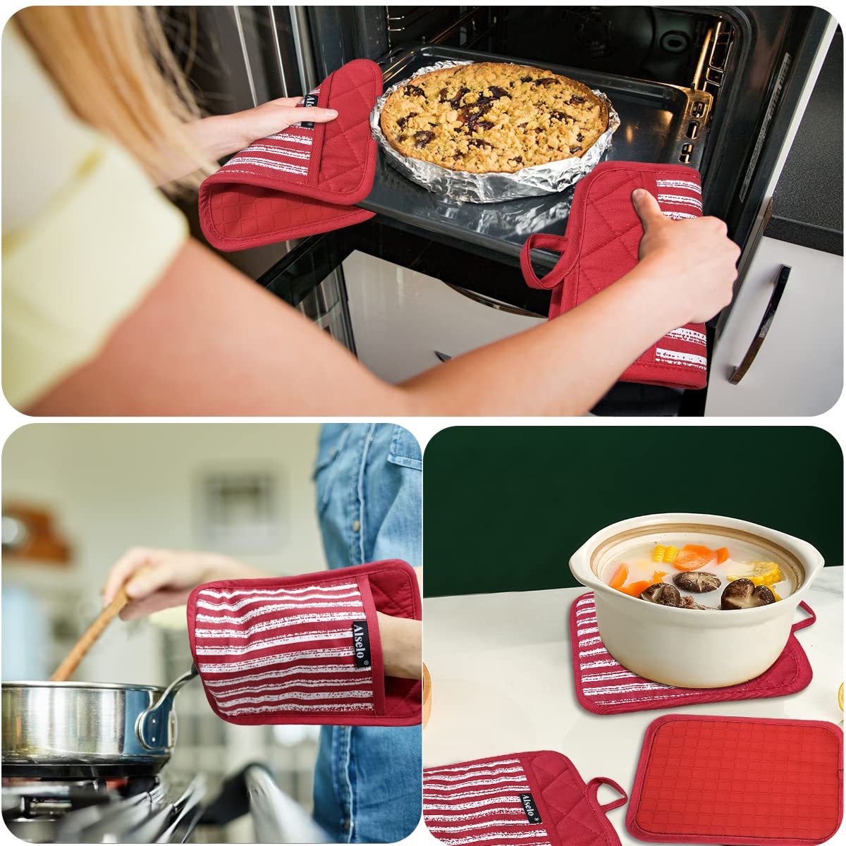 Alselo Silicone Pot Holders Set Of 3 Heat Resistant & Non Slip Potholders, Professional Oven Hot Pads With Pockets Mitts For Kit