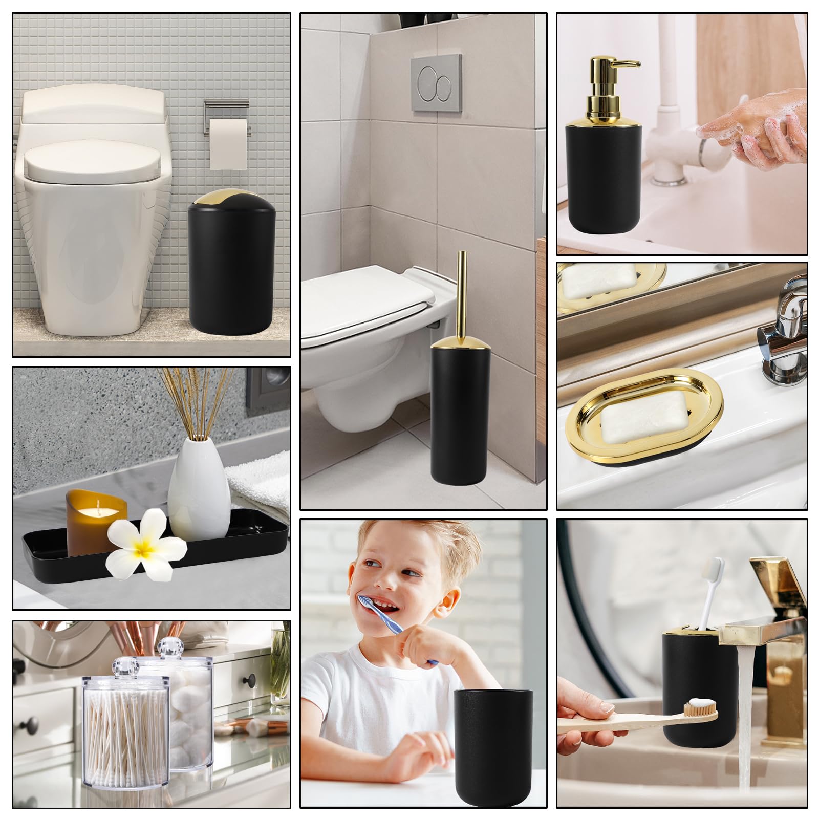 9Pc Black And Gold Bathroom Accessories Set - Trash Can, Soap Dispenser Set, Soap Dish, Toilet Brush With Holder, Toothbrush Hol