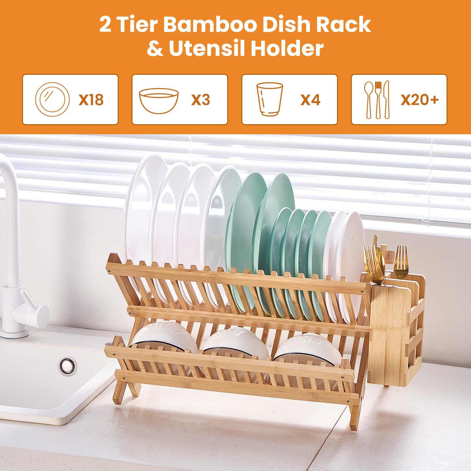 Worthyeah Bamboo Dish Drying Rack, 2 Tier Collapsible Dish Rack With Utensil Holder, Wooden Dish Drying Rack For Kitchen Counter