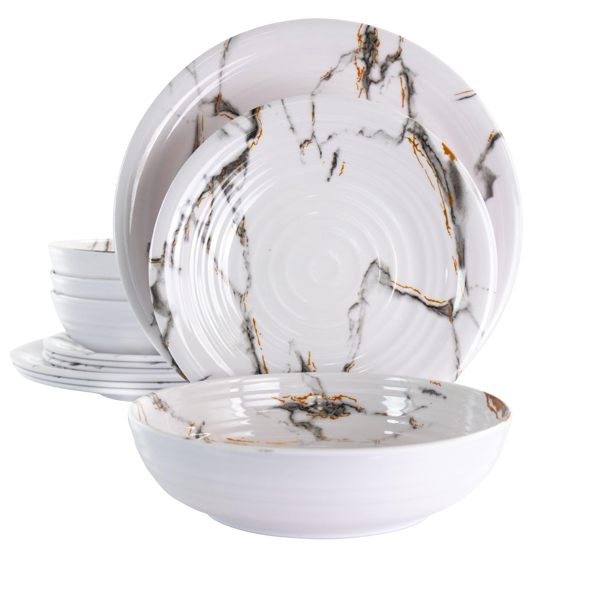 Elama Lightweight Dinnerware Set, 12 Piece, White Marble
