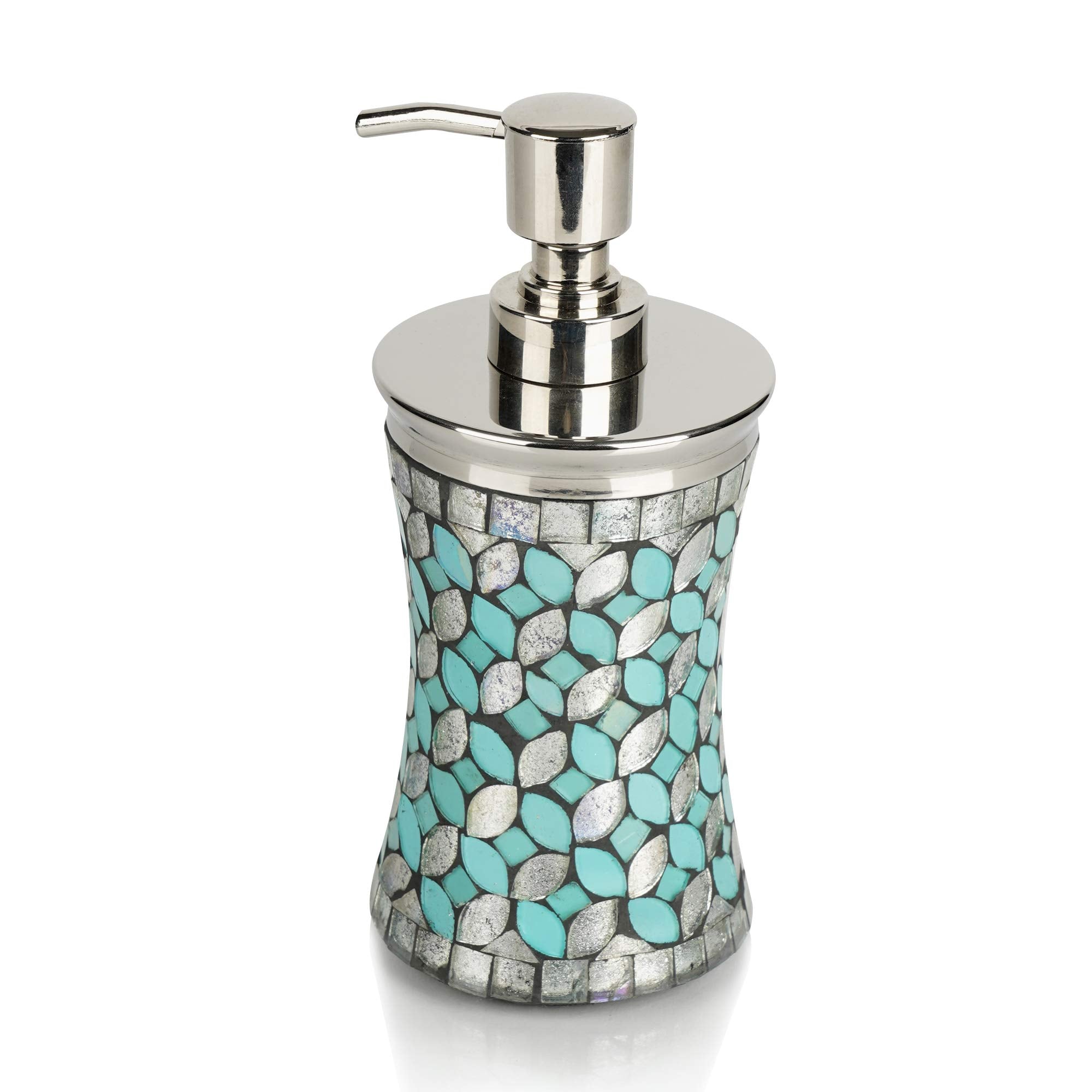 Nu Steel Sea Foam Soap/ Lotion Pump Dispenser In Aqua Blue/Silver Glass Mosaic/ Stainless Steel For Bathrooms & Vanity Spaces