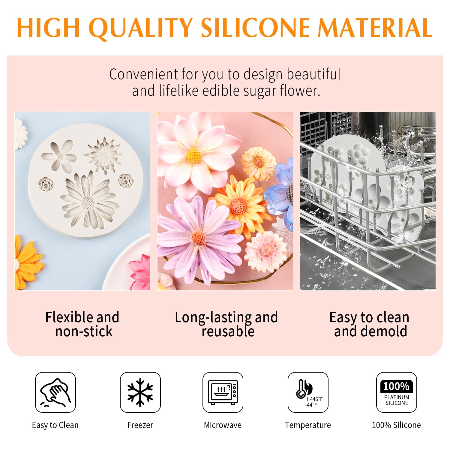Kalaien 5 Pieces Flower Fondant Cake Molds Fondant Silicone Mold Daisy Flower,Rose Flower,Chrysanthemum Flower Candy Silicone Mo