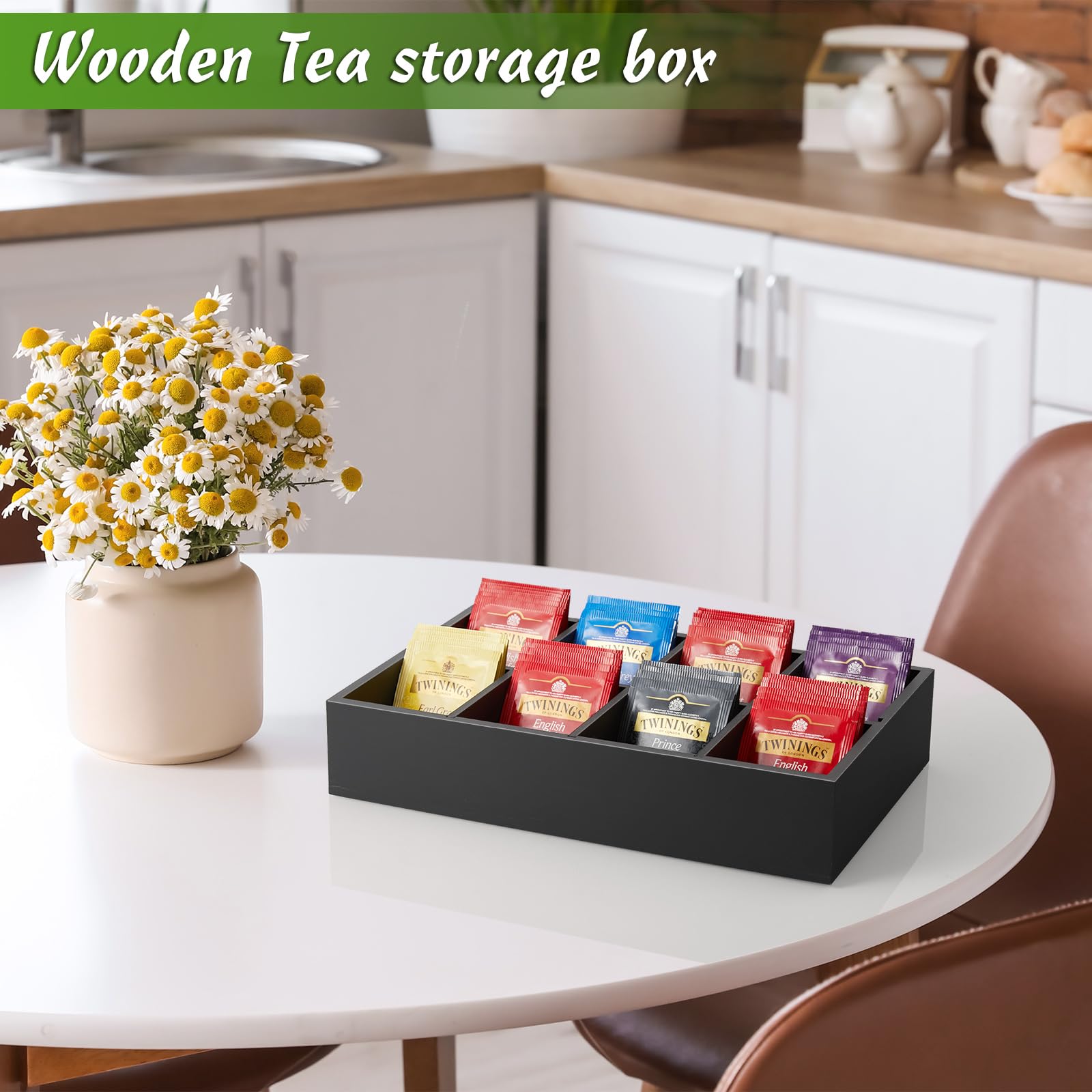 Drastar Tea Bag Organizer, Tea Box Organizer Storage Box, Wooden Tea Bag Holder, Tea Chest With 8 Compartments, Tea Caddy For Te