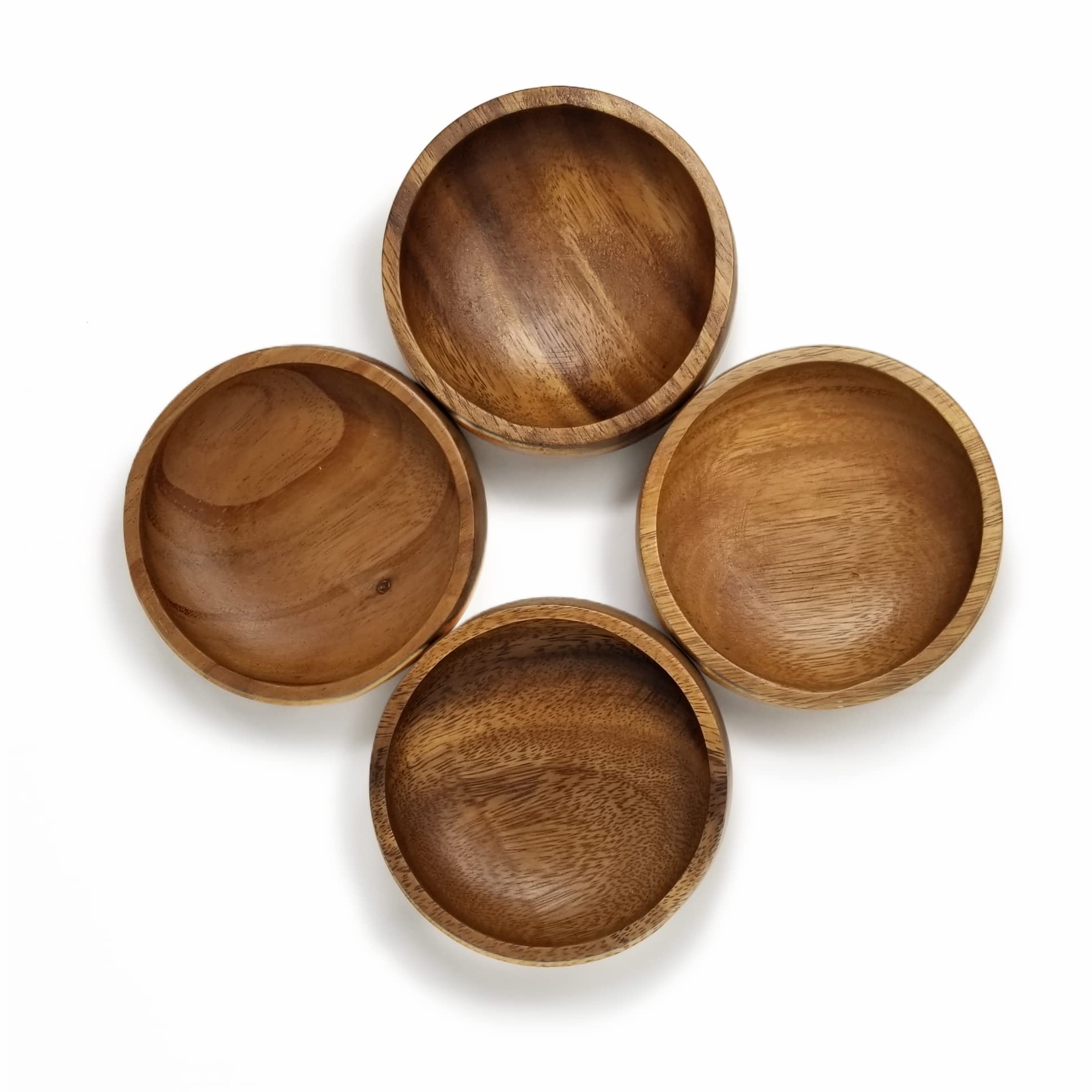 Acacia Wood Hand-Carved Small Bowls Round 4'' Set Of 4 For Condiments, Sauce, Nuts, Olives, Dips And Food Prep (6Oz)