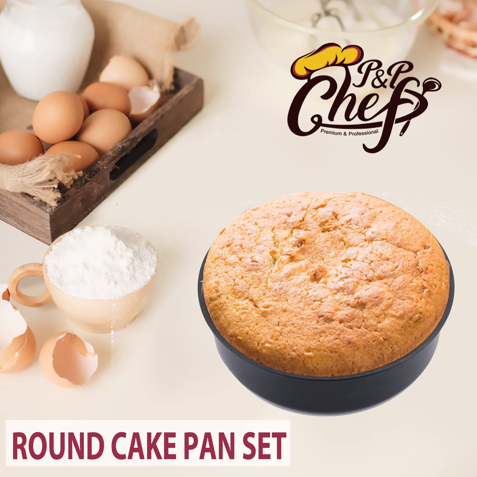P&P Chef 6 Inch Cake Pans Set Of 3, Non-Stick Round Baking Pans Bakeware For Layered Cakes, Non-Toxic, Stainless Steel Core & Le