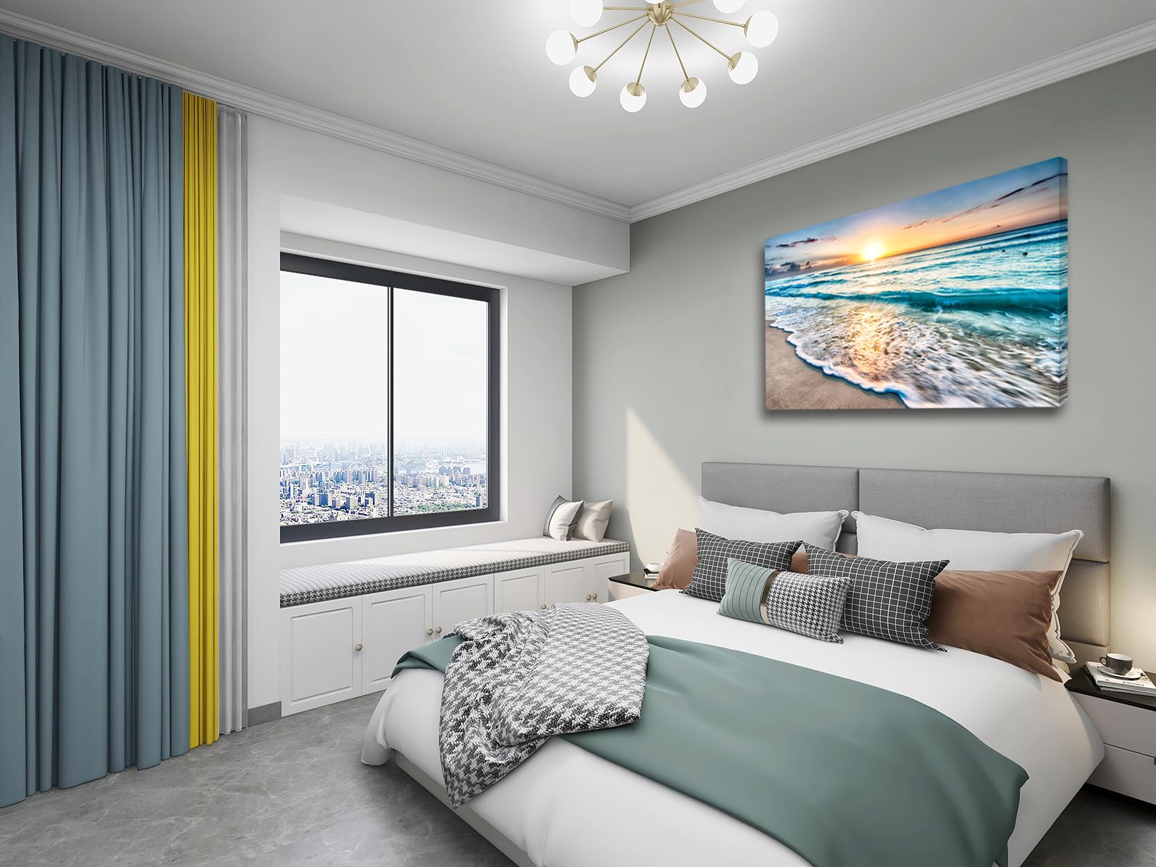 Baisuart S02269 Canvas Prints Wall Art Beach Sunset Paintings Ocean Waves Nature Pictures Stretched Canvas Wooden Framed for living Room Bedroom and Home Office Wall Decor Posters