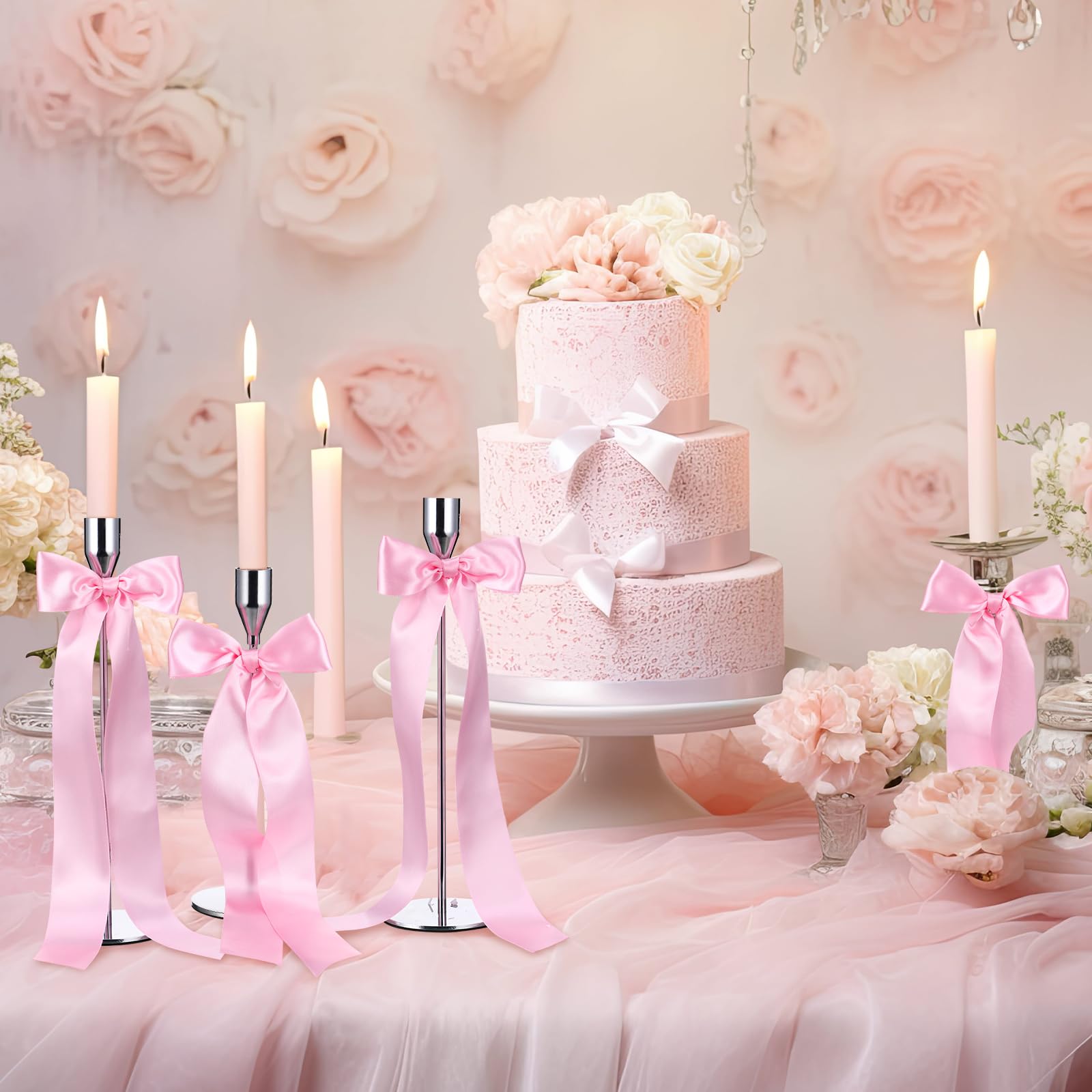 Teenyyou 12 Pcs Pink Christmas Candlestick Bows Decor 13 Inch Large Coquette Decorations Bows for Table Self Adhesive Candle Hol