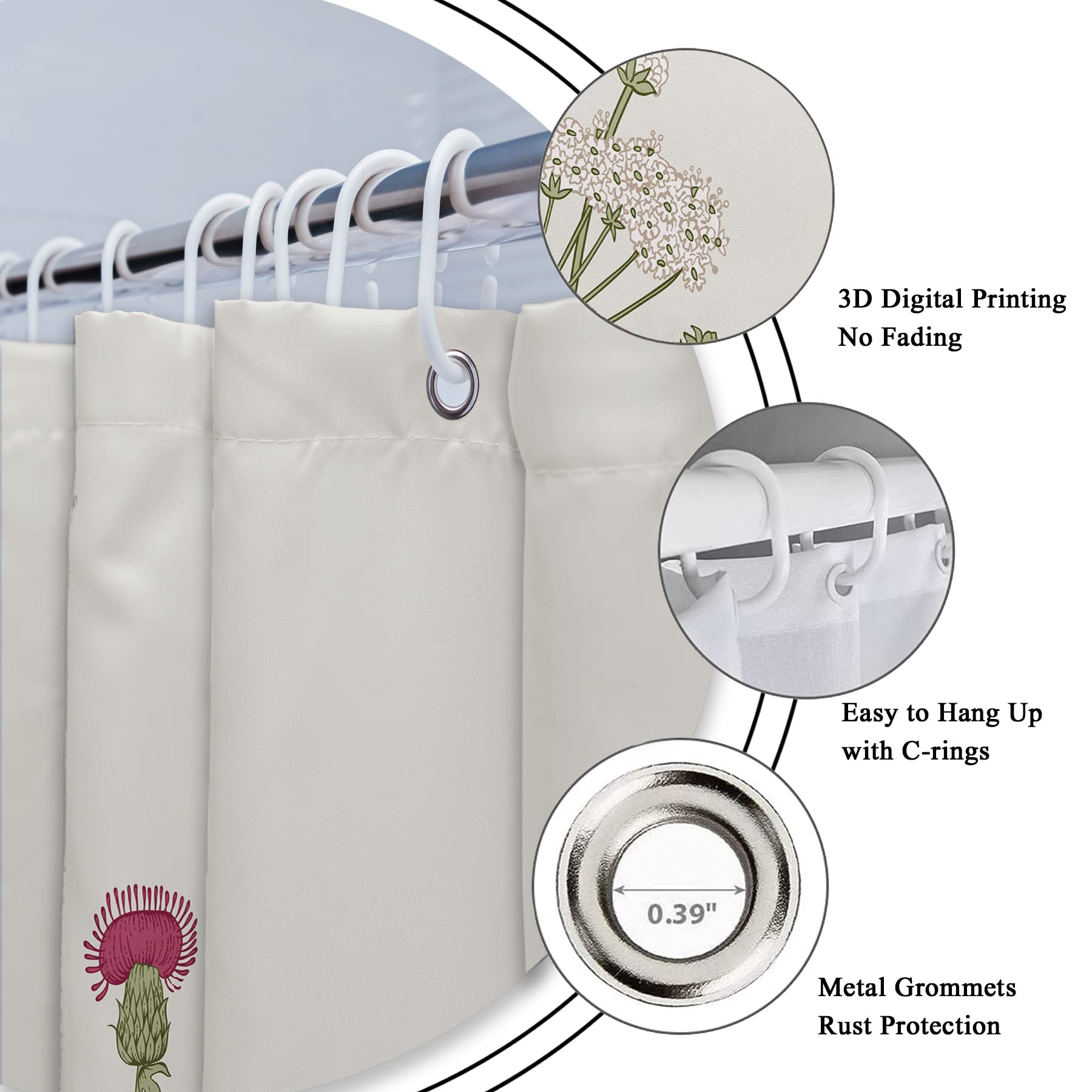 Riyidecor Fabric Wildflower Floral Flower Shower Curtain for Bathroom Decor 54Wx78H Inch Green Leaves Botanical Decorative Bath Set Plant Herbs Bathroom Accessories Polyester Waterproof 12 Pack Hooks