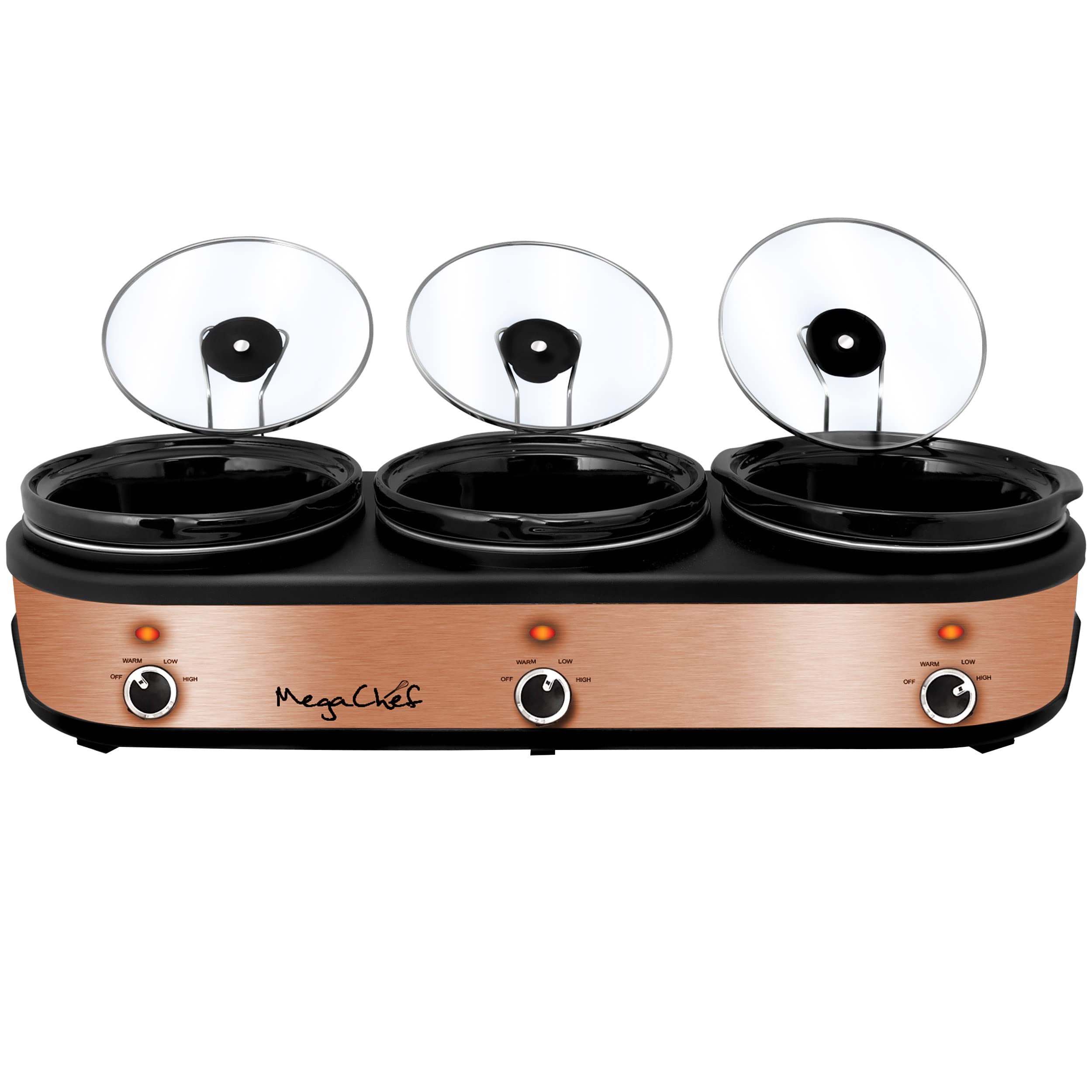 Megachef Triple 2.5 Quart Slow Cooker And Buffet Server In Brushed Copper And Black Finish With 3 Ceramic Cooking Pots And Remov