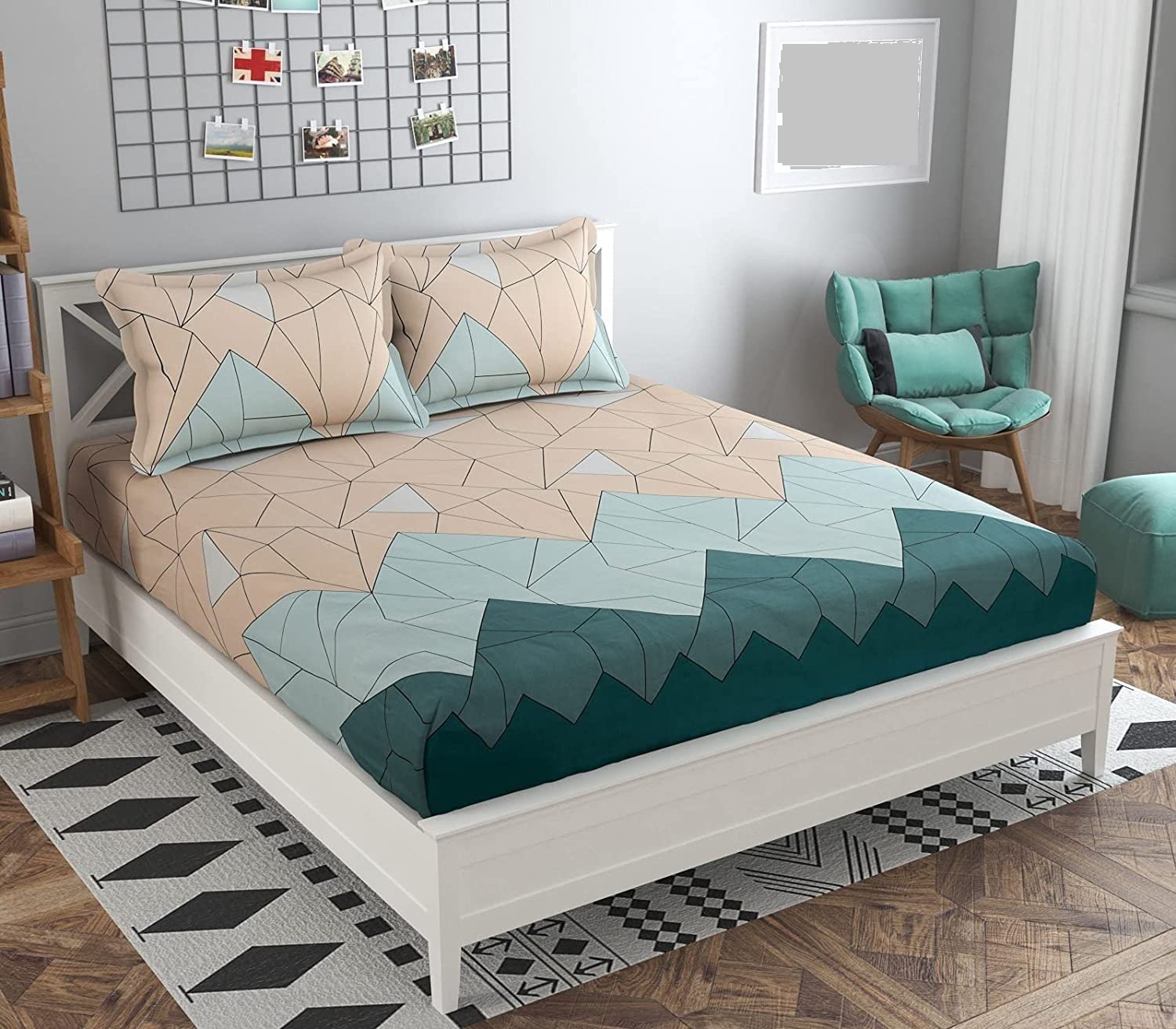 Kawi Cotton 200 Tc Feel Elastic Fitted Printed King Size Double Bedsheet With 2 Pillow Cover (72X78) -Peach Green