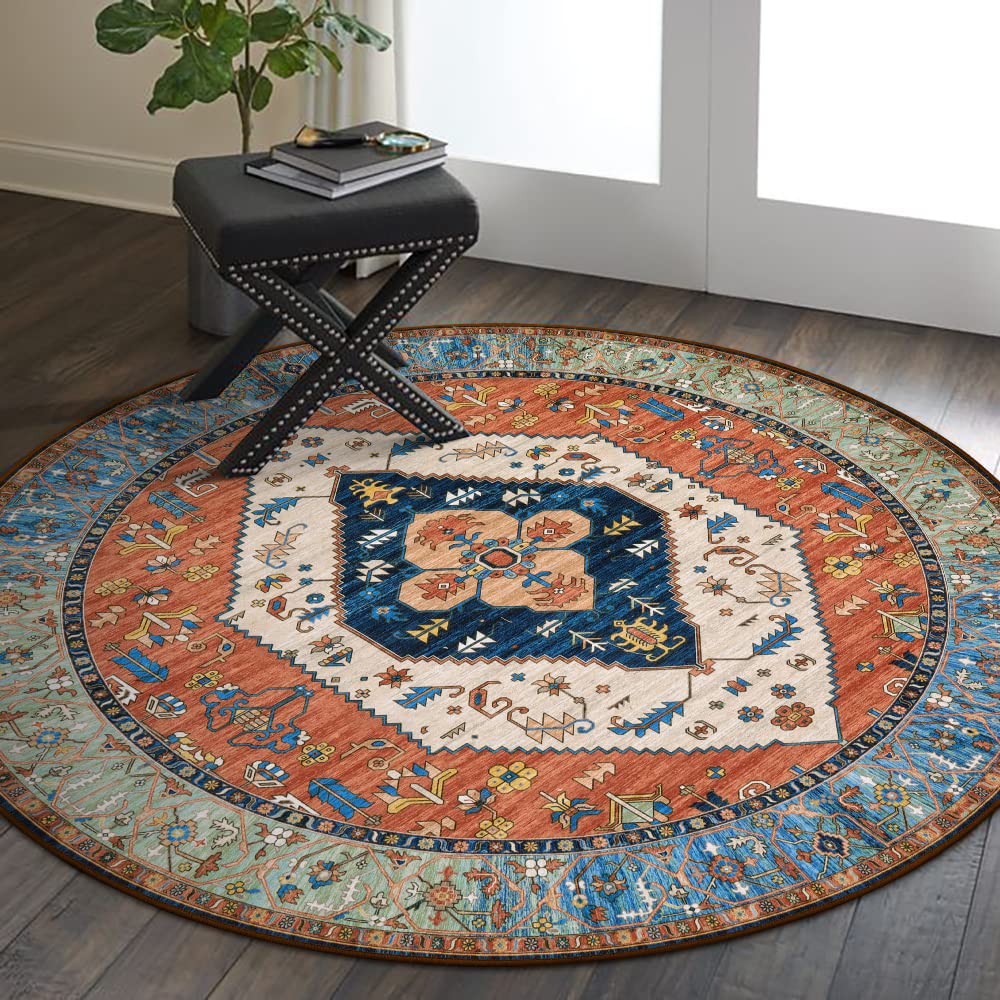 Lahome Boho Round Rug 3ft Small Round Area Rug Non-Slip Round Bathroom Rug Washable Throw Rugs for Bedroom Oriental Distressed R