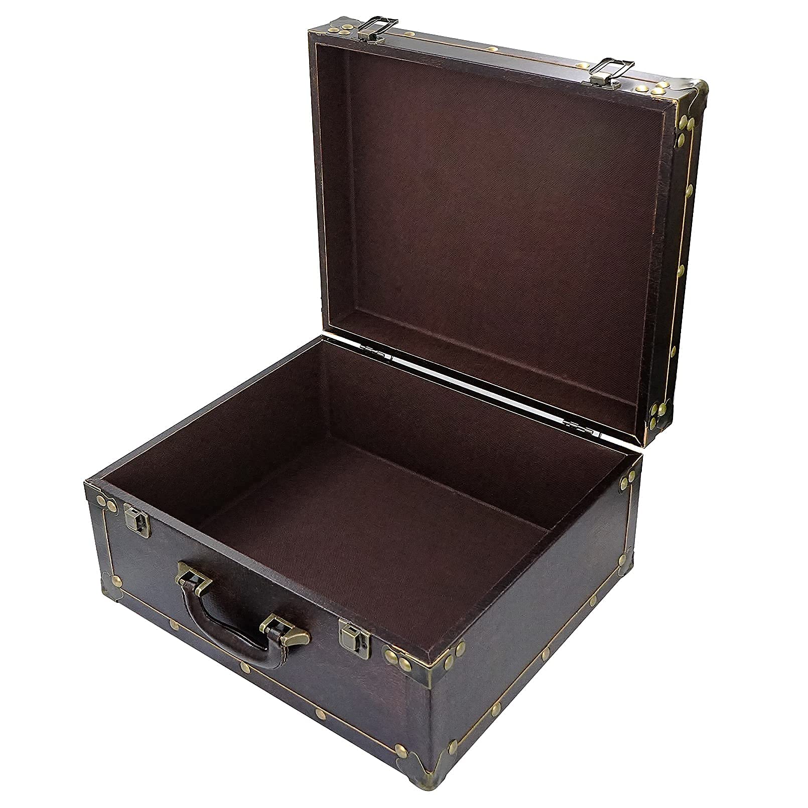 DreamsEden Large Wooden Decorative Storage Trunk - Wood Leather Treasure  Chest Box Vintage Suitcase, 13.8 x 11.8 x 6.9