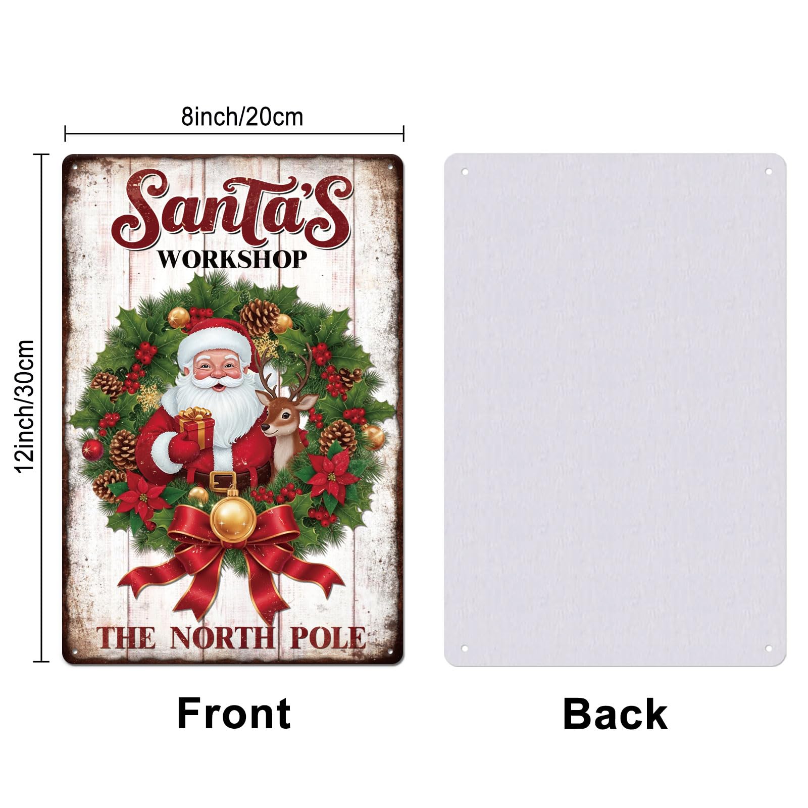GLOBLELAND Christmas Santa Claus Wreath Metal Tin Sign 8x12in Santa's Workshop Tin Sign Wall Poster Plaque for Living Room Chris