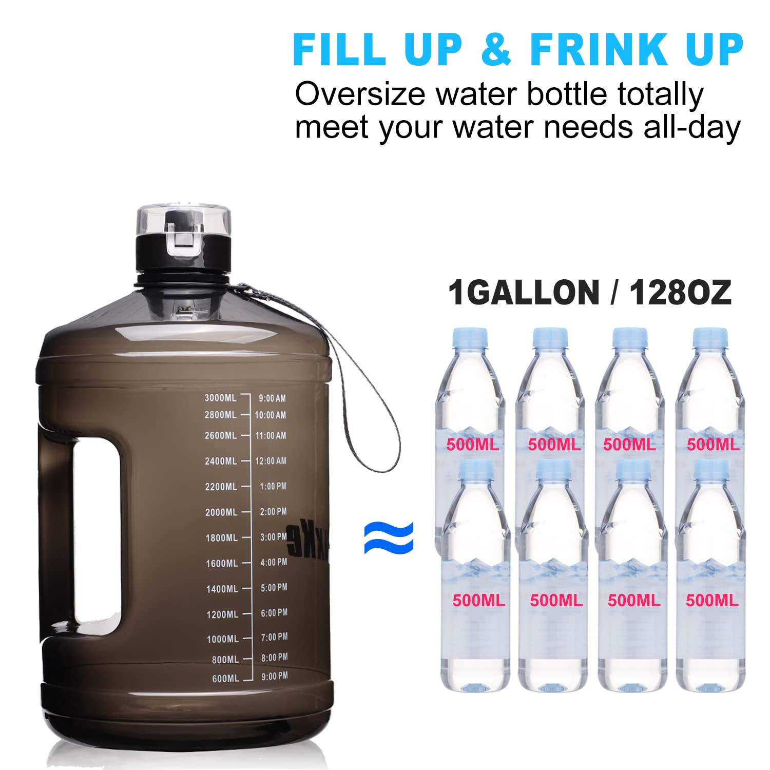 Sluxke 1 Gallon Water Bottle Portable Water Jug Fitness Sports Daily Water Bottle With Motivational Time Marker,Leak-Proof, Wide