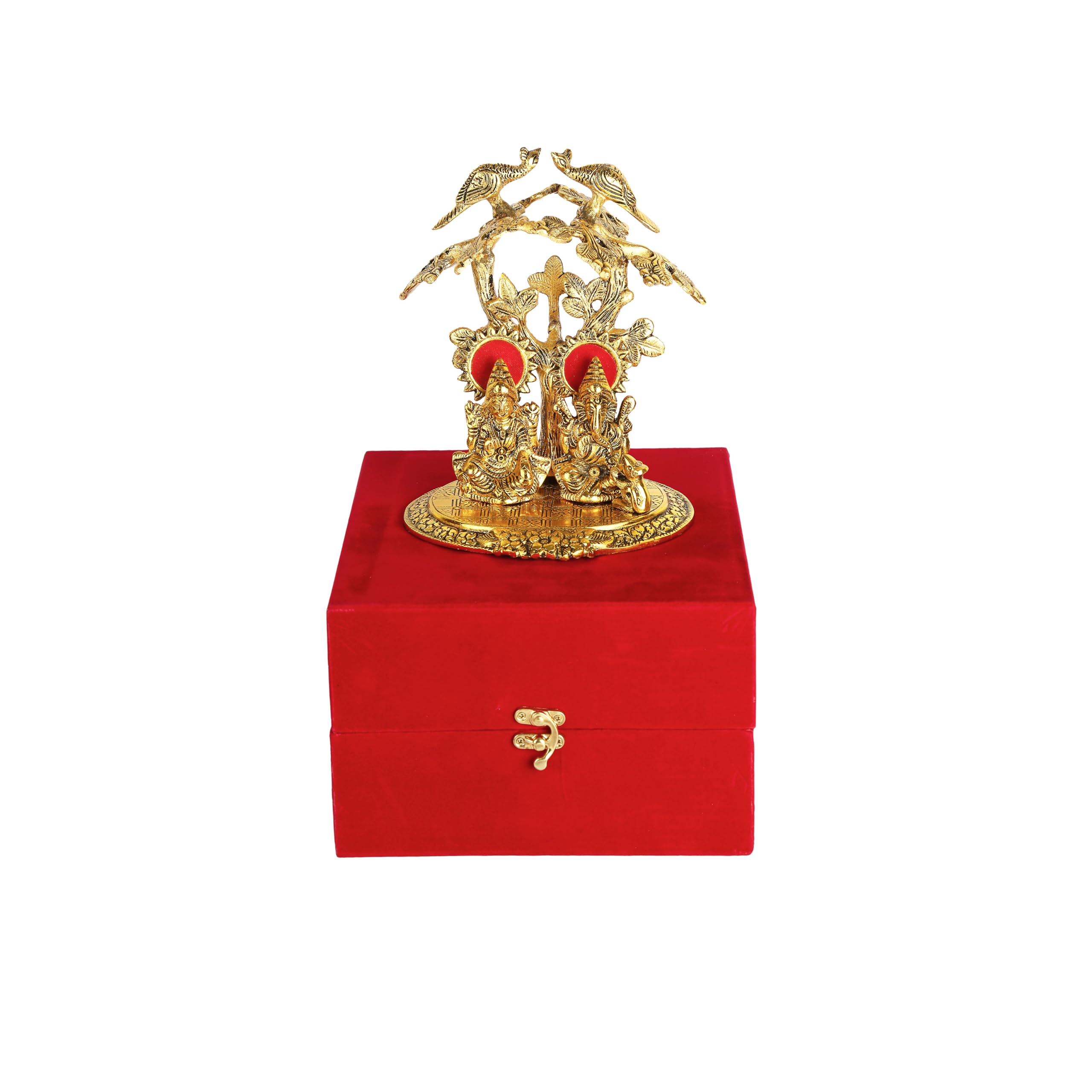 Rkonect Gold Plated Laxmi Ganesh/Ganesha Idol Murti Under Peacock Tree With Velvet Gift Box || L17 X W14 X H22 Cm || Pack Of One